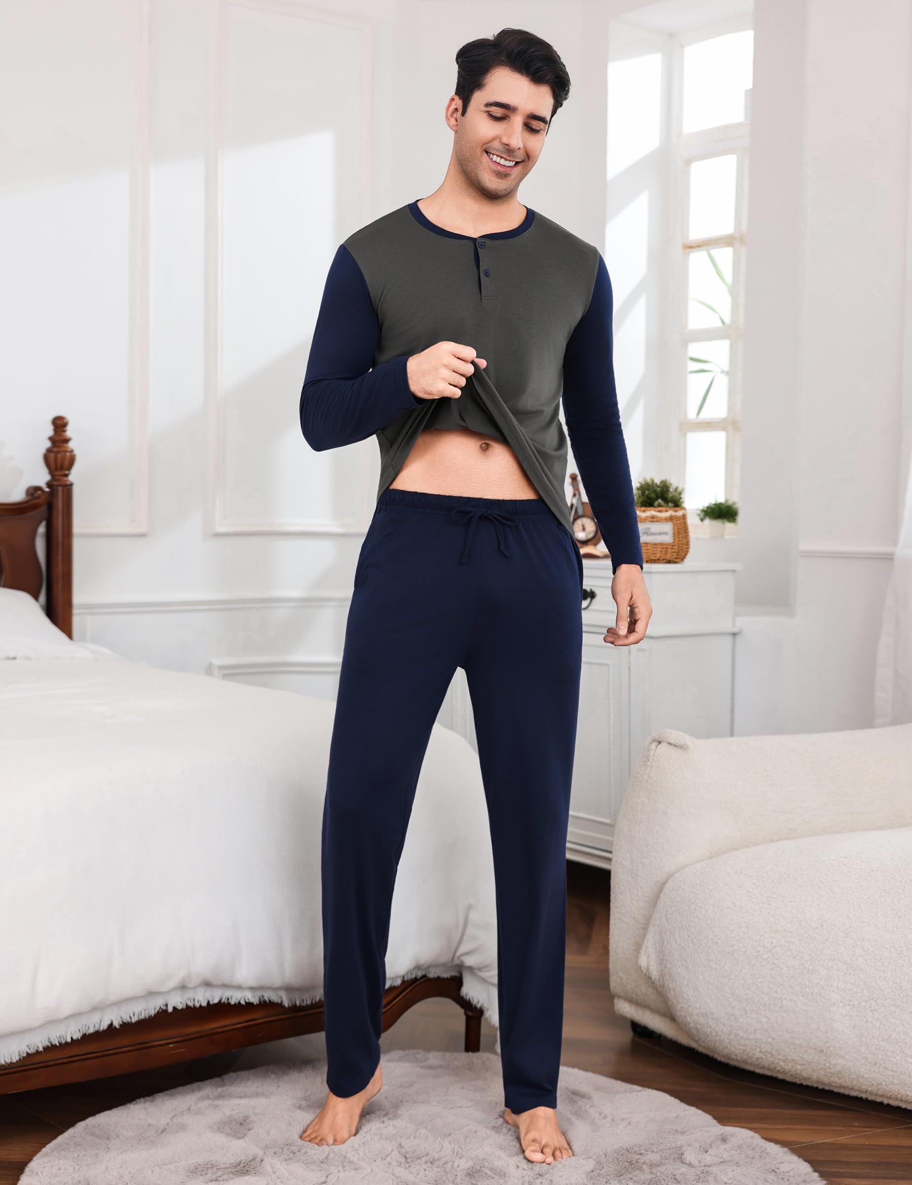 Aseniza Pigiama da Uomo Invernale, Pigiama a Maniche Lunghe in Cotone Semplice ed Elegante Pigiama Morbido Loungewear