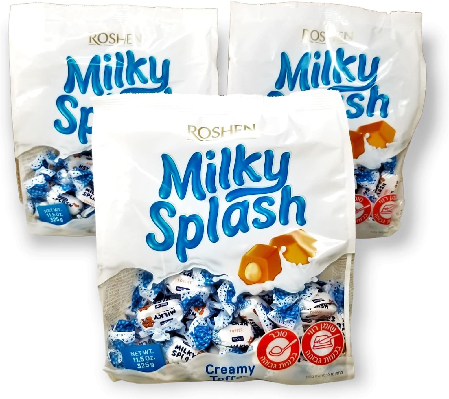 Roshen Milky Splash, Caramel Creamy Toffee with Milk Filling, 11.50oz/325gr Pack of 3