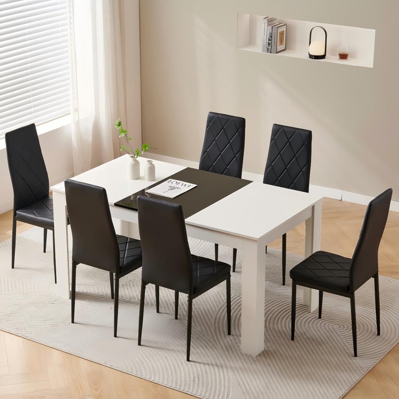 Homullel 150 cm Dining Table and 6 Chairs, 6 Seater Table and Chairs Set, Kitchen Dining Room Set for 6, Compact, Space Saving (Pu Black #2, 150cm, 6 Seats)