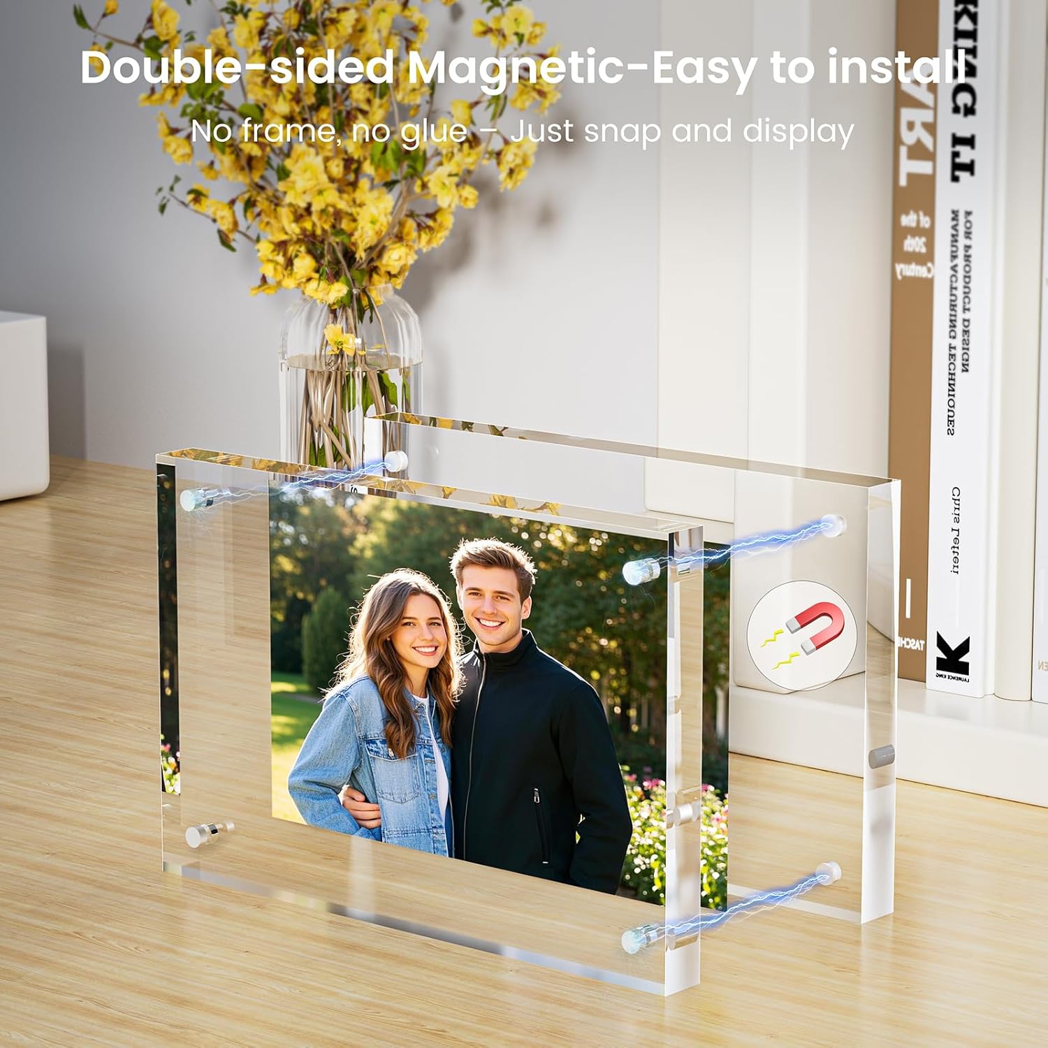 3 Pack Acrylic Picture Frames 4x6, 20%thicker Free Standing Desktop Display,Strong Magnetic Photo Frame, Double Sided Clear Picture Frames , Frameless Standing Desktop Frame for Home, Office, Gift Ready - Image 3