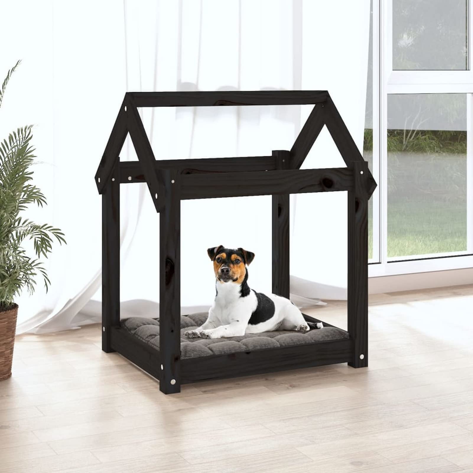 LAPOOH Cama para Perros Madera Maciza de Pino Negro 61x50x70 cm, Colchon Perro, Cuna Perro, Cama Mascota, Dog Bed, Cama para Perros Y Gatos