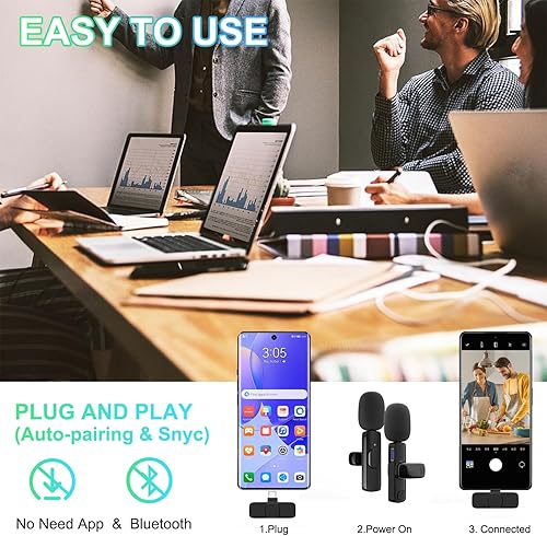 Miniatura 8 de Paquete de 2 micrófonos de solapa inalámbricos para iPhone, micrófonos profesionales de solapa, micrófono inalámbrico Plug-Play, micrófono de solapa