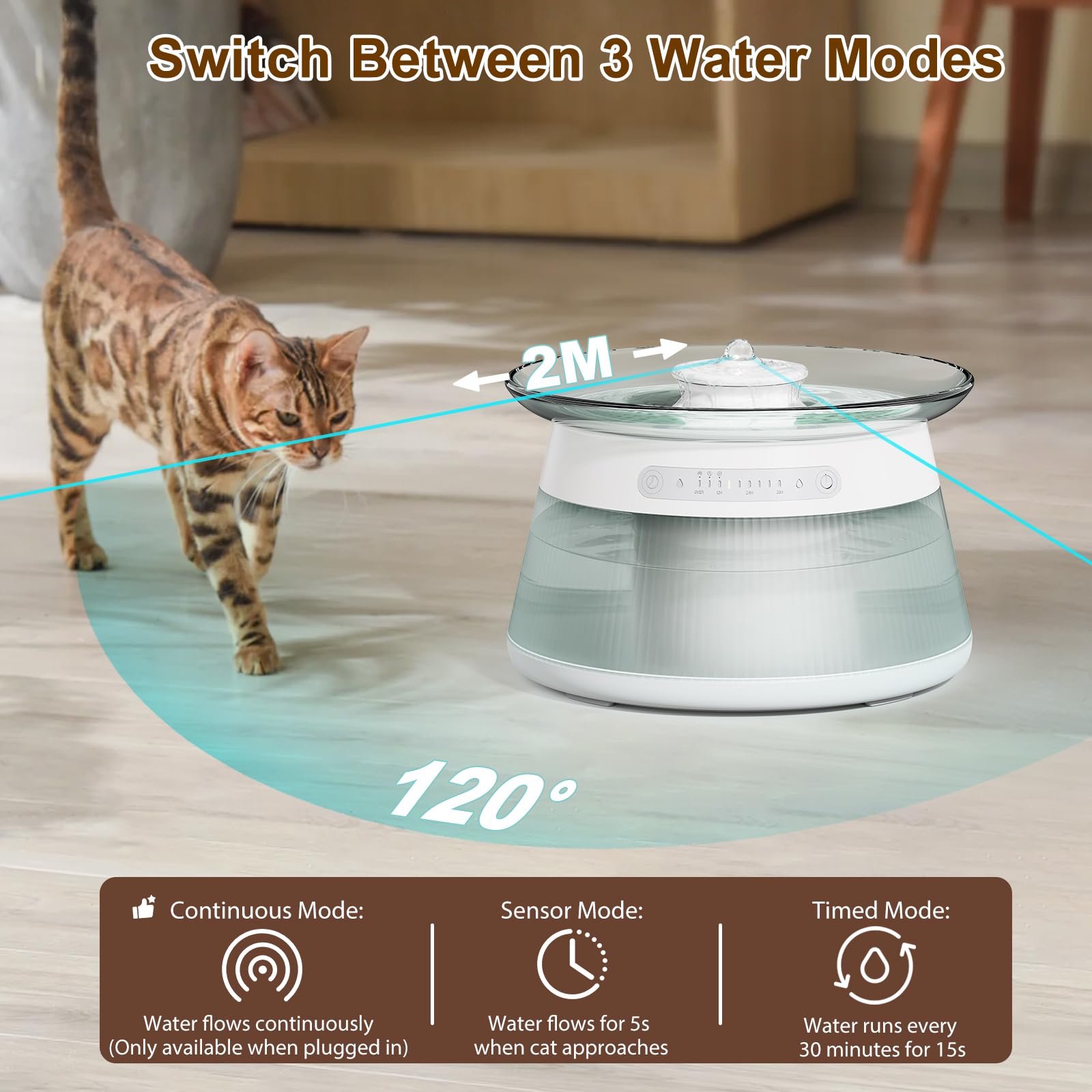 Fuente de agua inteligente de vidrio para mascotas, fuente de agua potable para gatos, sin filtro, fuente de agua para mascotas sin filtro que funciona con pilas