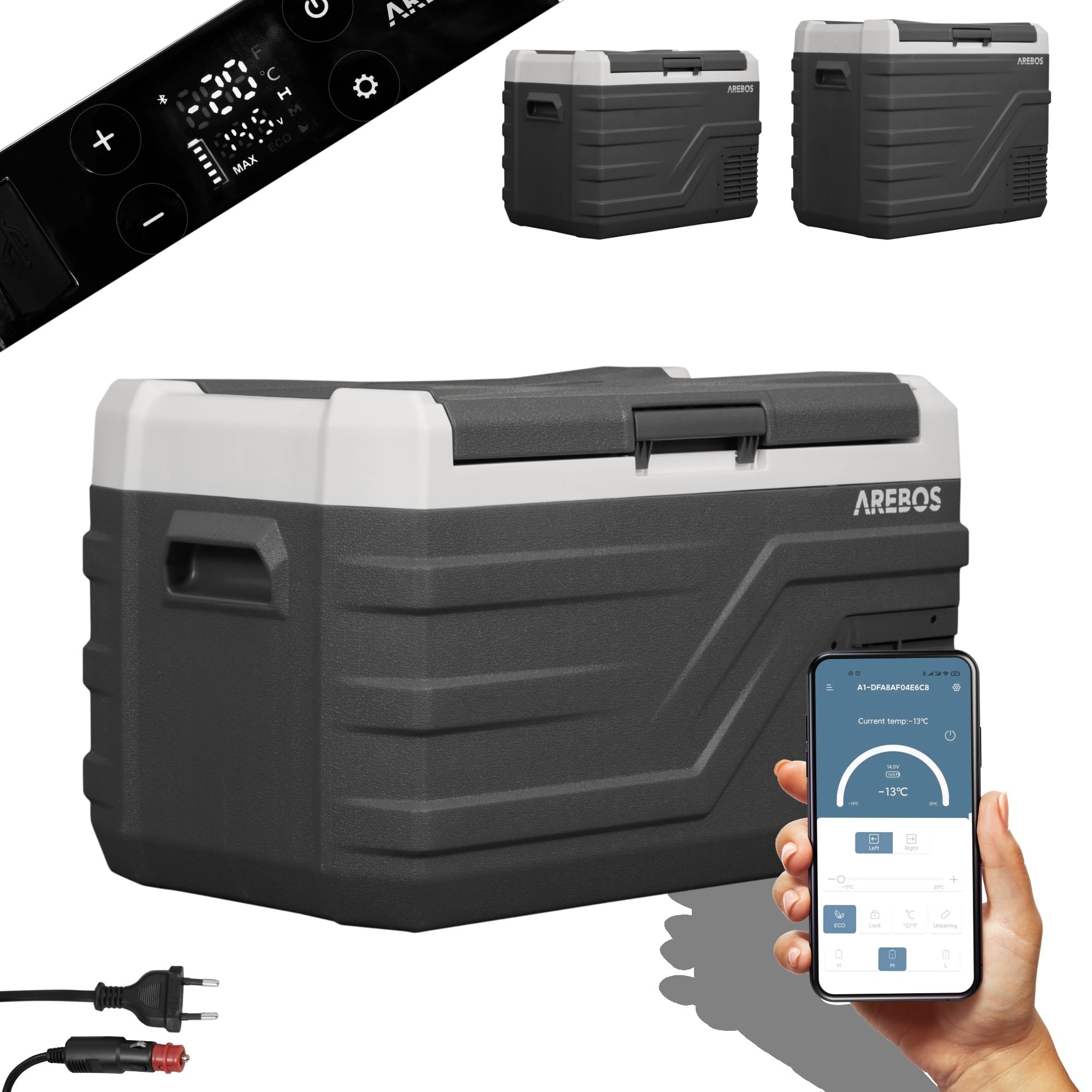 Arebos Nevera con compresor de 26 litros | congelador eléctrico con aplicación y control inteligente | congelador móvil con puerto USB | hasta -20 °C | 12/24 V 230 V | para coche, camión, camping,