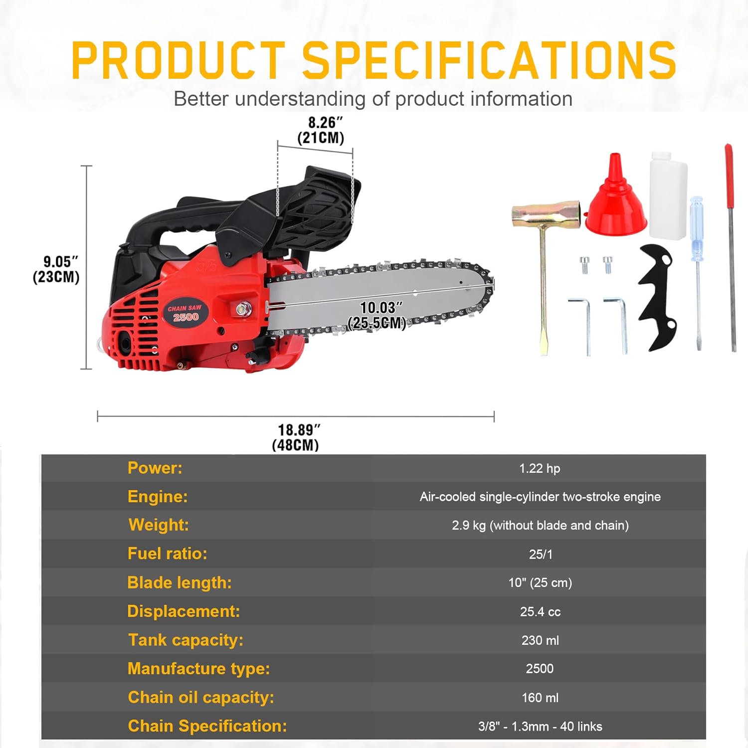 25.4CC Gas Chainsaw with 10-Inch Bar High-Performance 2-Cycle 900W Handheld Saw for Firewood, Tree Trimming & Landscaping (9800 RPM, LowVib Technology)