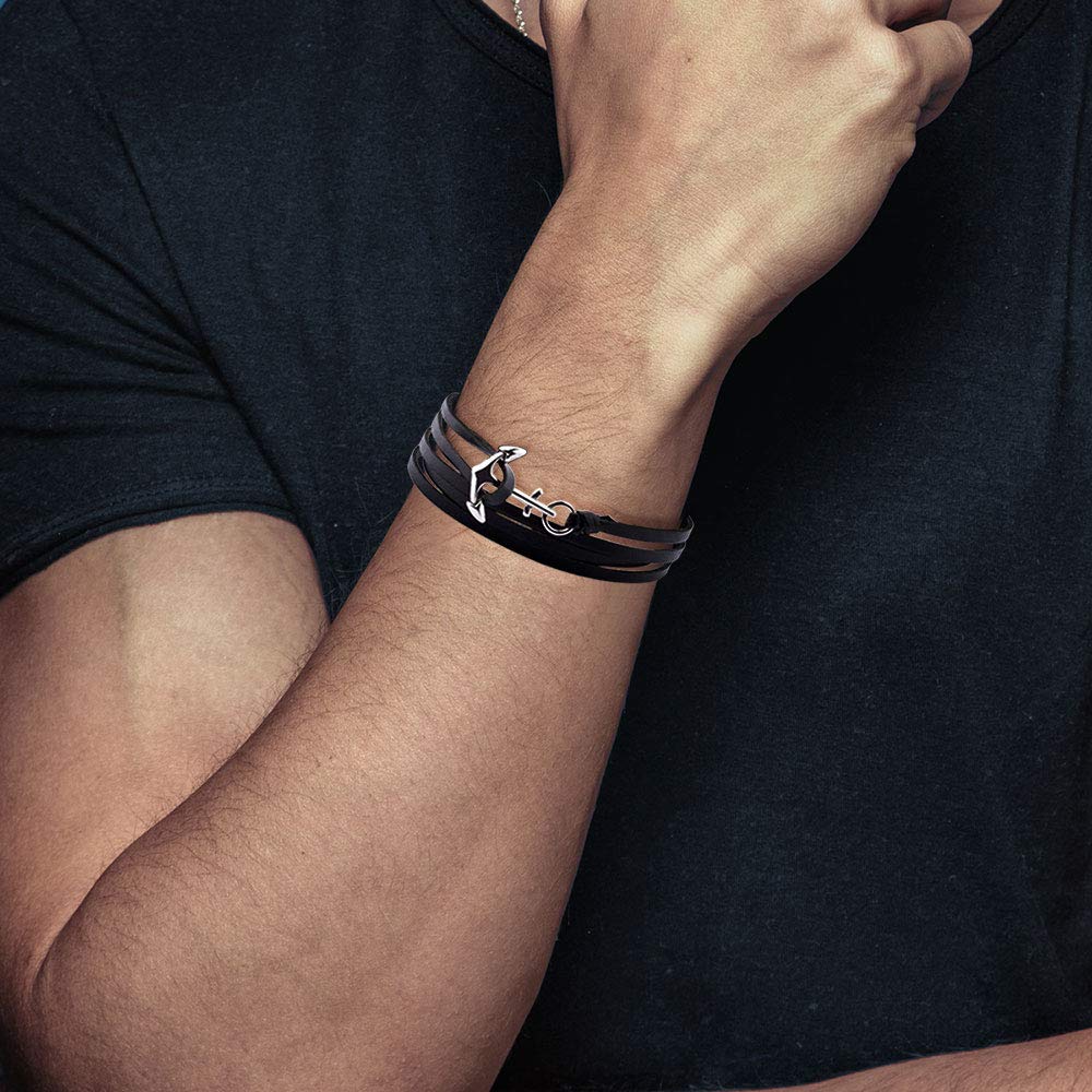 Image secondaire de Planetys - Bracelet Ancre - Bracelet Cuir Multi-Rangs en Cuir Noir et Acier 316 L