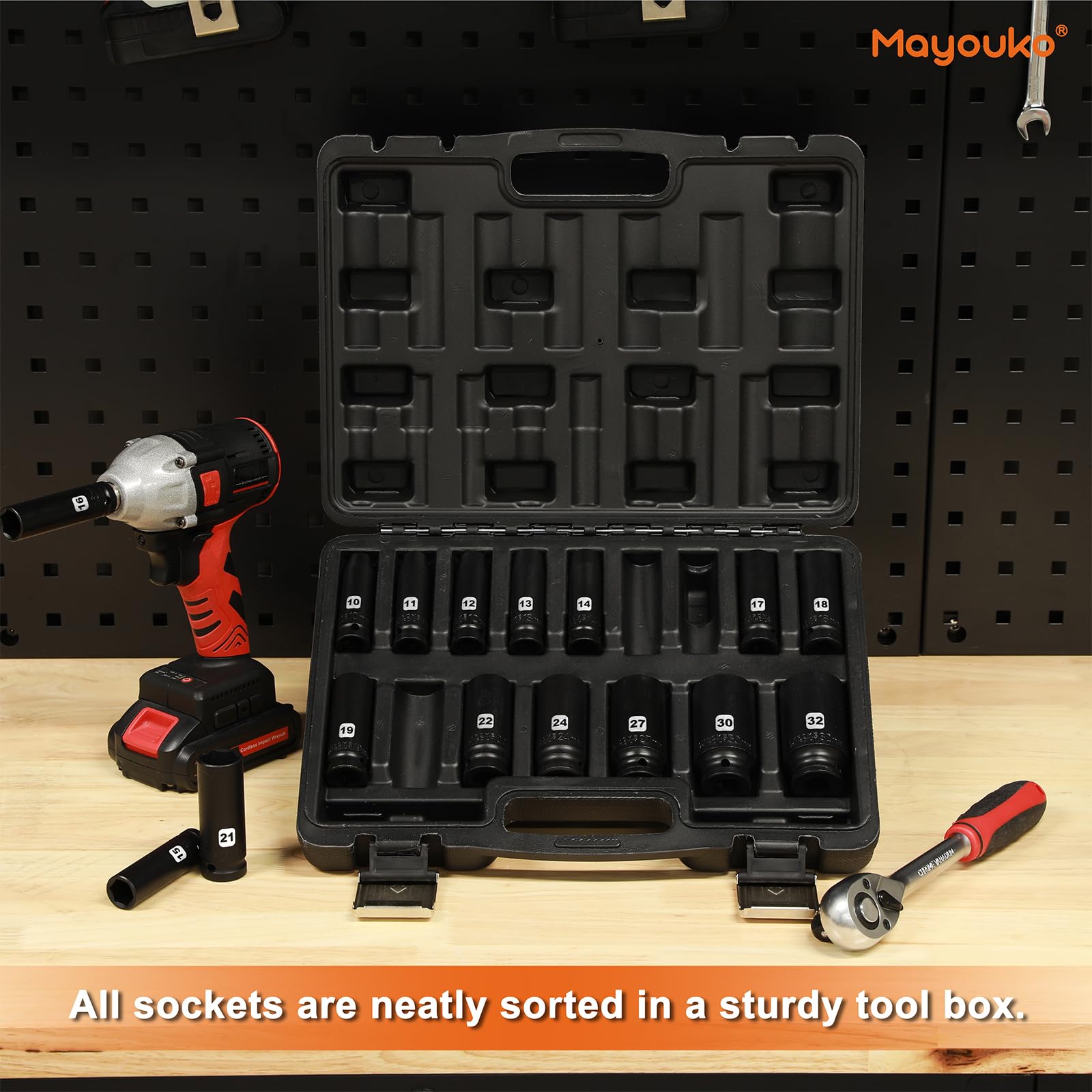 MIXPOWER Set di 16 chiavi a bussola a percussione, 1/2", profonde, da 10 mm a 32 mm, metriche, a 6 punte, CR-V