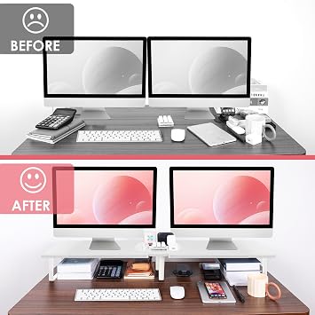 Across-Star Dual-Monitor Stand for Desk - Large Adjustable Length and Angle Riser for 2 Monitors, Double Computer Desktop Organizer, Shelf for TV, Laptop, Printer