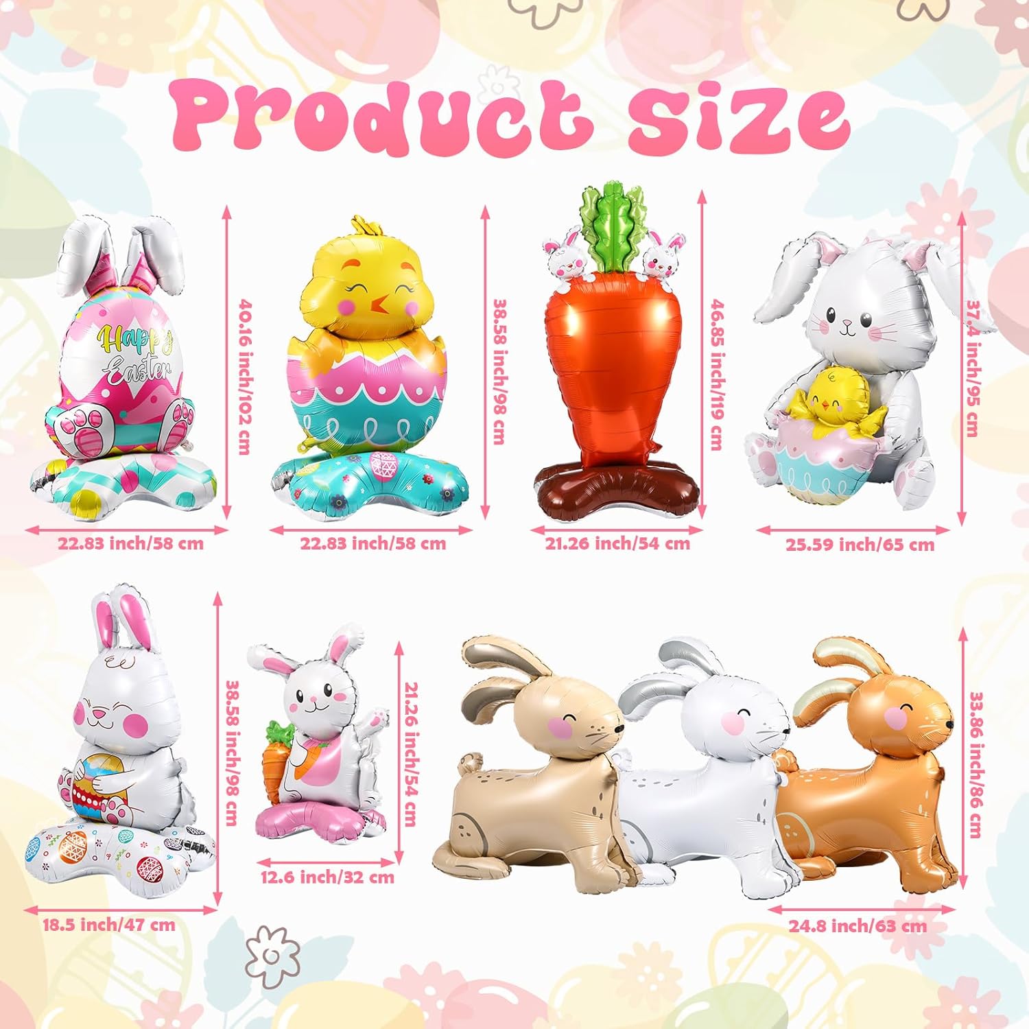 Hungdao 9 Pcs Extra Large Easter Balloons 4d 40" Easter Yard Outdoor Garden Decorations Standing Bunny Jumbo Chicken Egg Carrot Foil Balloons for Party Lawn Decorations