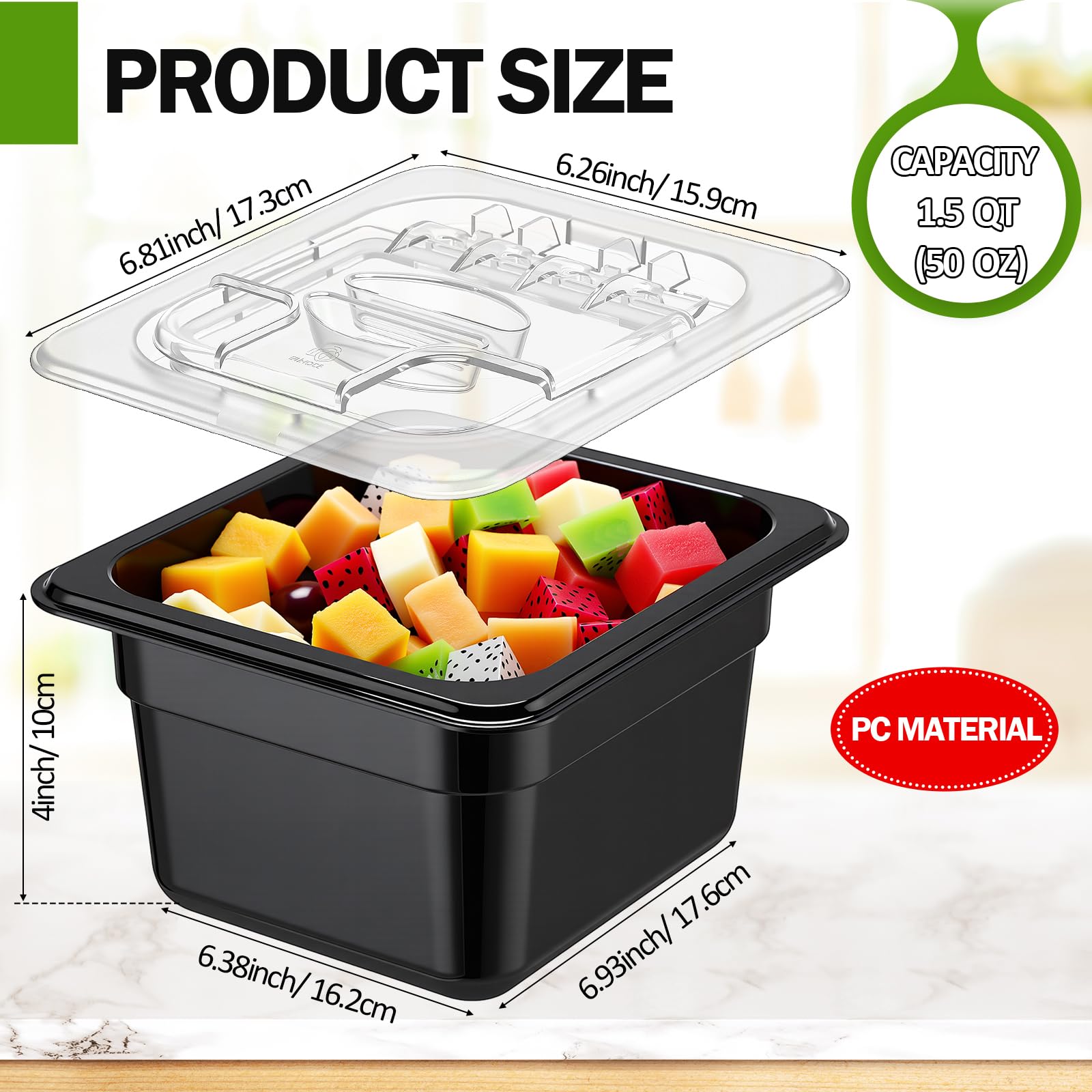 TrueCraftware- 1/6 Size 4\" Deep Food Pan Polycarbonate Black Color- Food Storage Containers Plastic Food Pan Restaurant Commercial Hotel Pans For Food Prep Fruits Vegetables Beans Corns