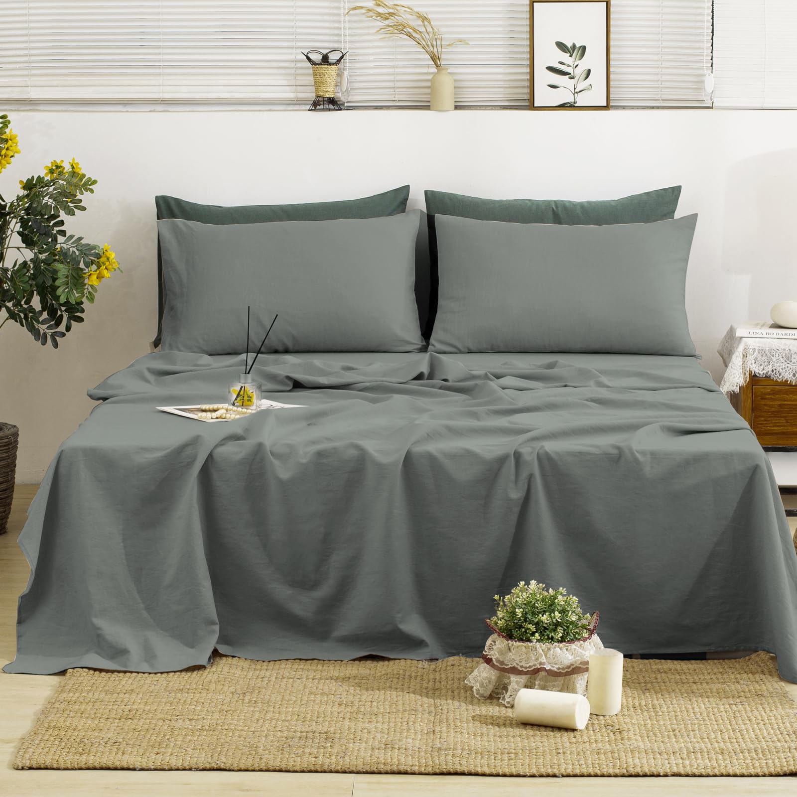 TUMEI 4 Pieces 100% Stonewashed French Linen Bedding Sheets Set, 16" Deep Pocket, 1 Fitted Sheet & 1 Flat Sheet & 2 Pillowcases, Solid Color, Soft & Comfortable (Dark Gray, Super King Size)