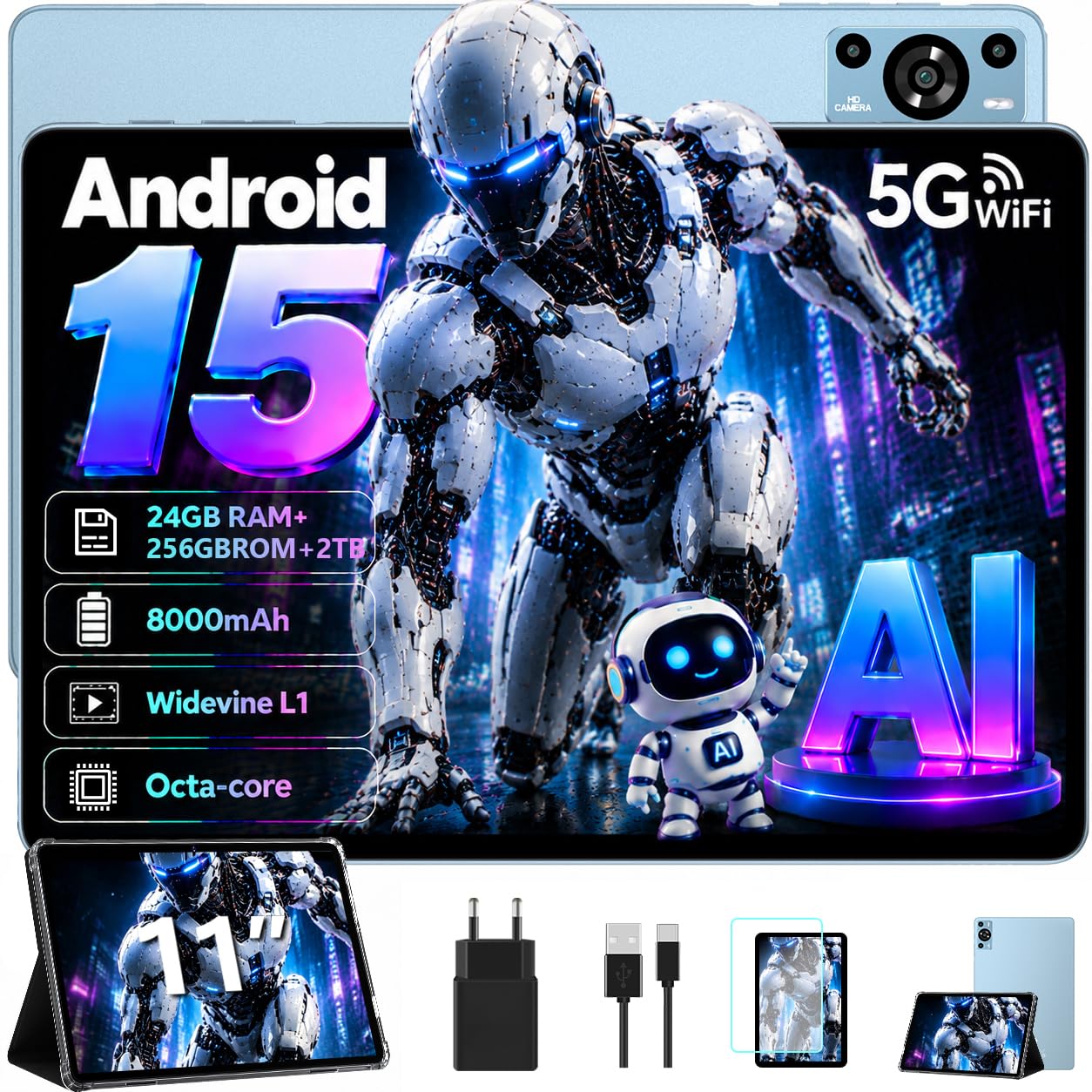 ZIOVO Tablet da 11 pollici Android 15 tablet, 24 GB RAM+256 GB ROM(TF 1 TB) 5 G WiFi Tablet,Octa-Core 2.0 GHz/8000 mAh/13+5 MP/Coperchio in metallo/Widevine L1/Supporto Neflix, Tablet Touch -Blu