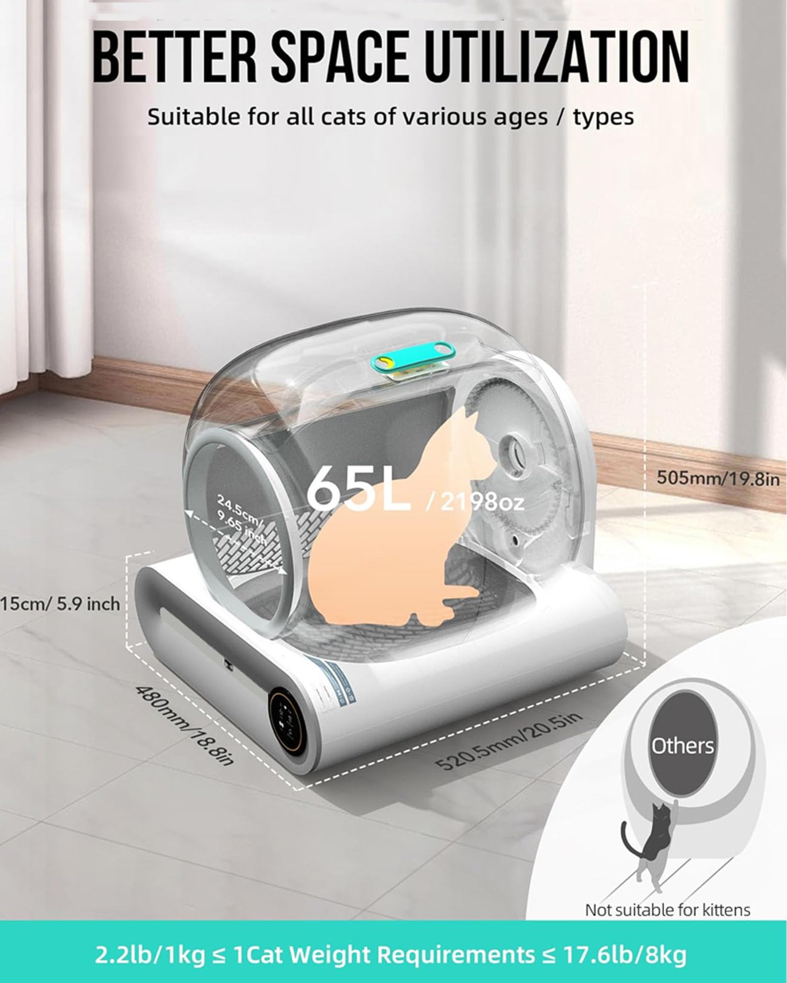 Arenero Gatos Autolimpiable,Arenero Inteligente para Gato con Control App, Sin Fugas Orina, Eliminación de Olores