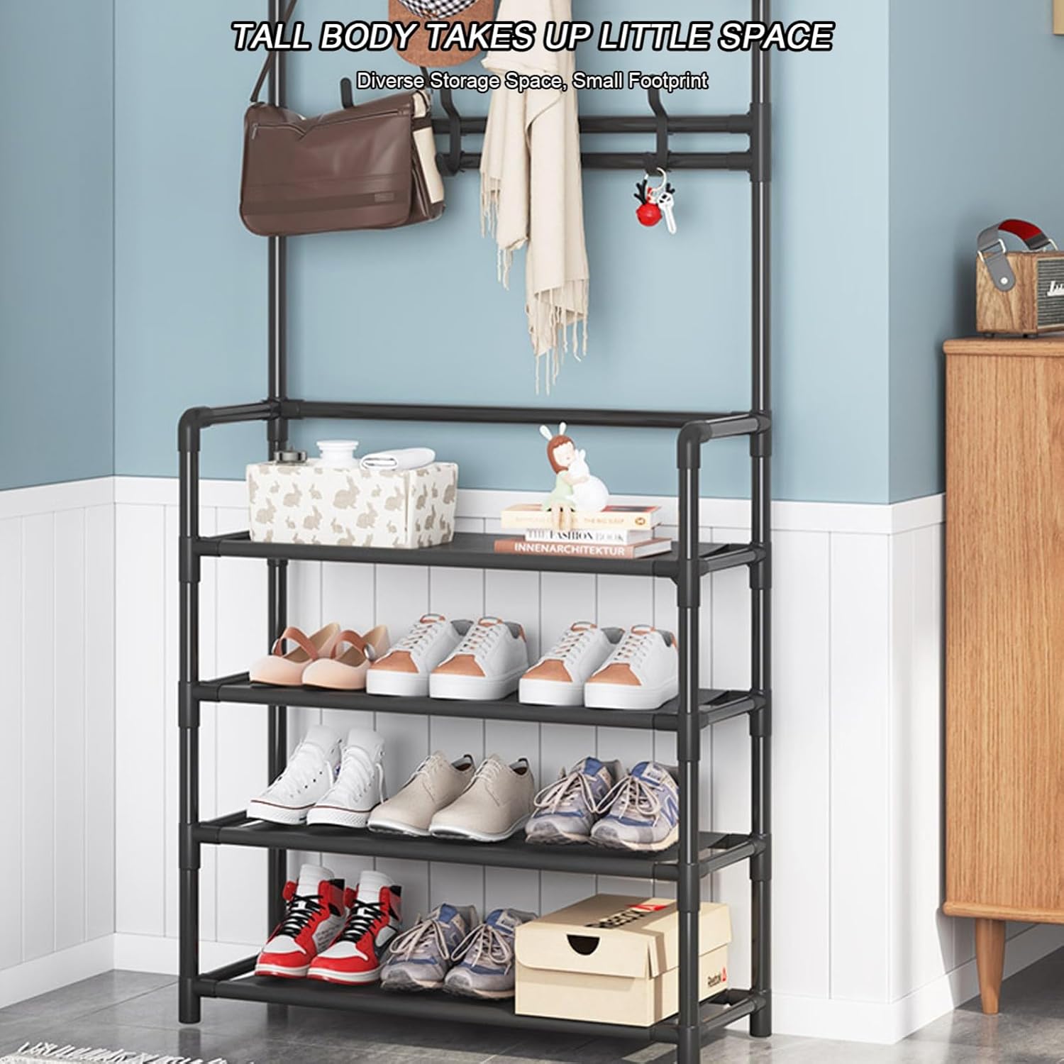Black version of the rack showing its tall, space-saving design