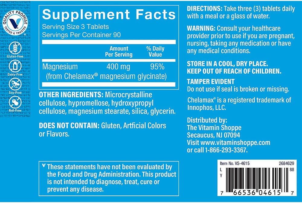 The Vitamin Shoppe Magnesium Glycinate 400 MG, Fully Chelated Magnesium for Superior Absorption, Supports Energy Production, Relaxation & Sleep Support, Cardiovascular Health, Gluten Free, 270 Tablets