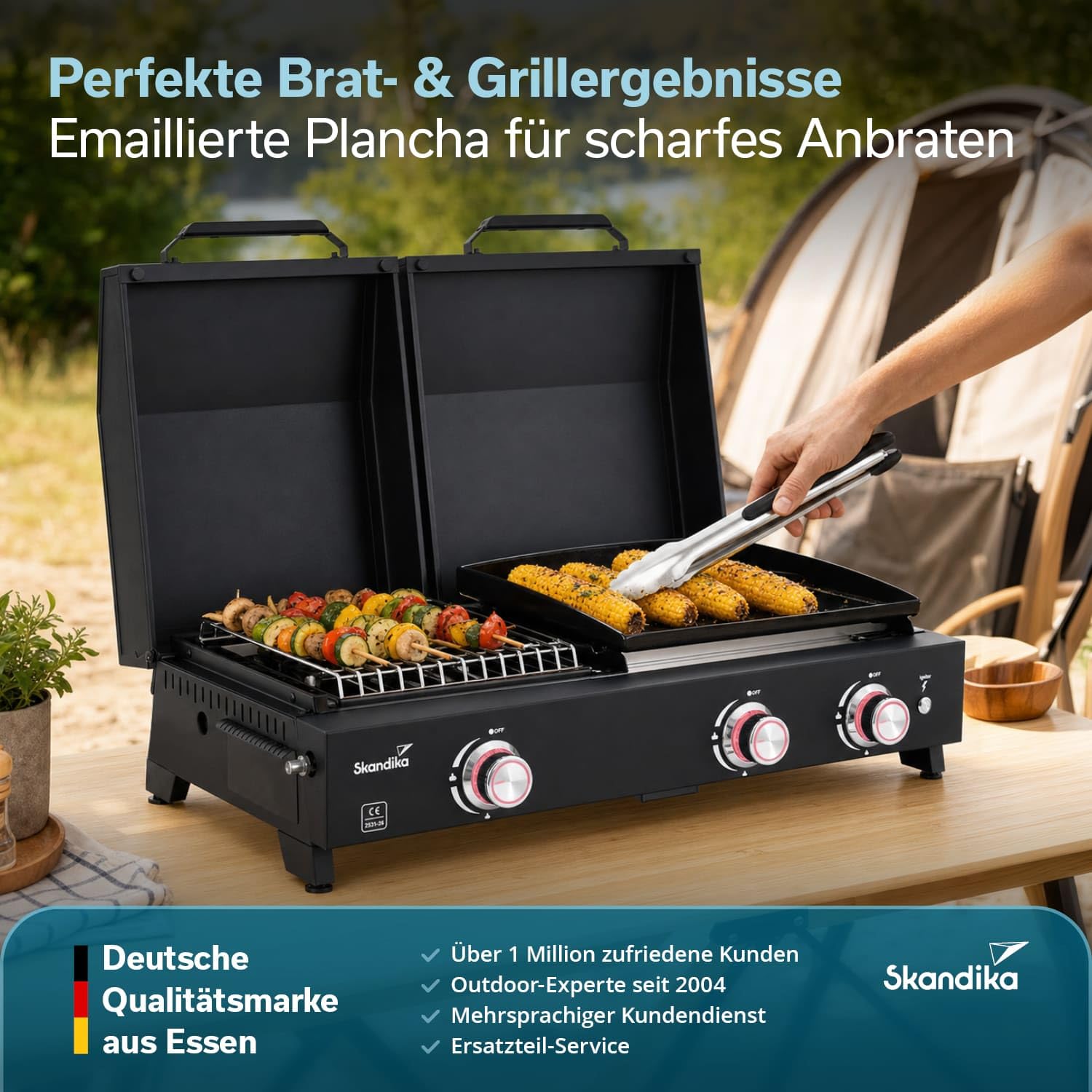 Skandika Plancha Grill Eldur 3-Brenner Plus | Grillplatte mit Deckel, 3 Brenner, tragbarer Gasgrill mit Kochplatte, Outdoor, Camping | Gasplancha, Grillplancha, Gasbräter, Balkongrill, Tischgrill