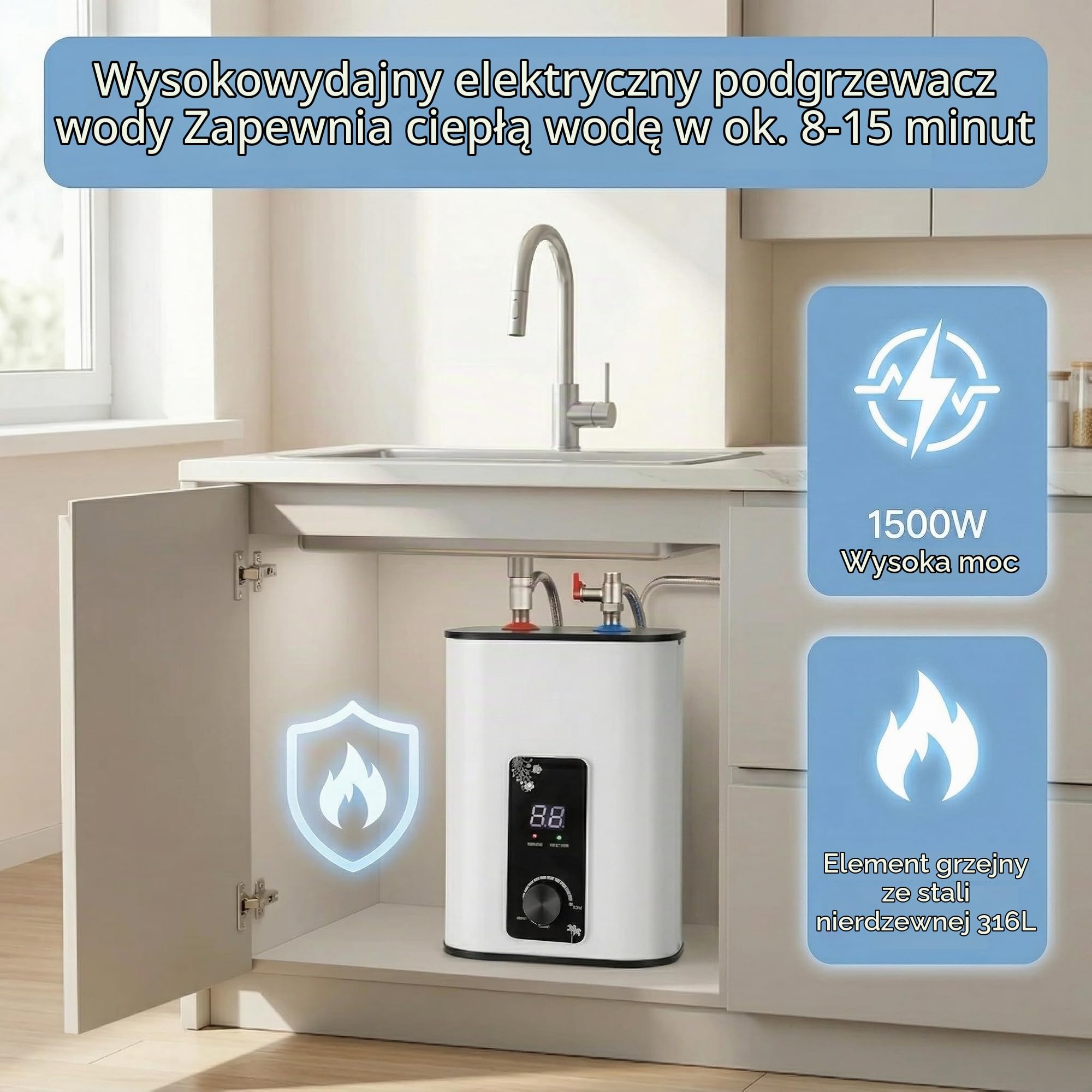 Podblatowy zbiornik ciepłej wody, 8 litrów, 1500 W, odporny na ciśnienie bojler z cyfrowym wyświetlaczem LED, szybkie nagrzewanie do umywalek, kuchni, łazienki, biały