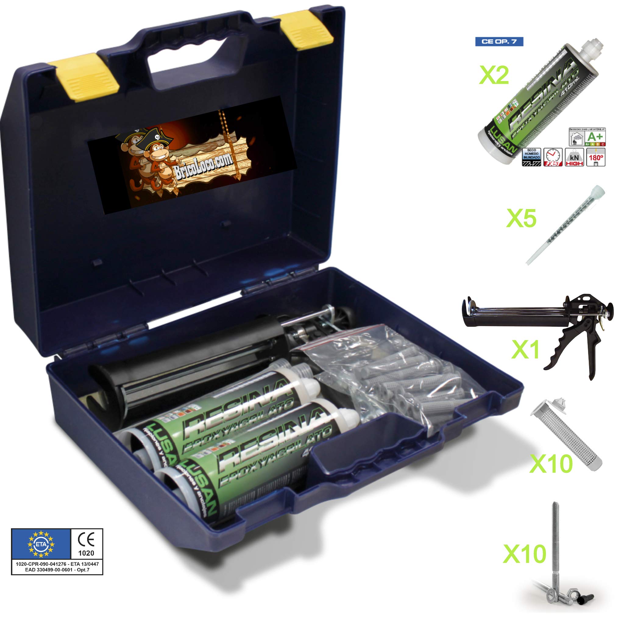 BricoLoco Kit Anclaje Químico Profesional| Taco químico y accesorios | Estuche Profesional de -> 2 Taco químico Epoxi 410 ML. + 5 Boquillas + 1 Pistola + 10 tamices + 10 espárragos