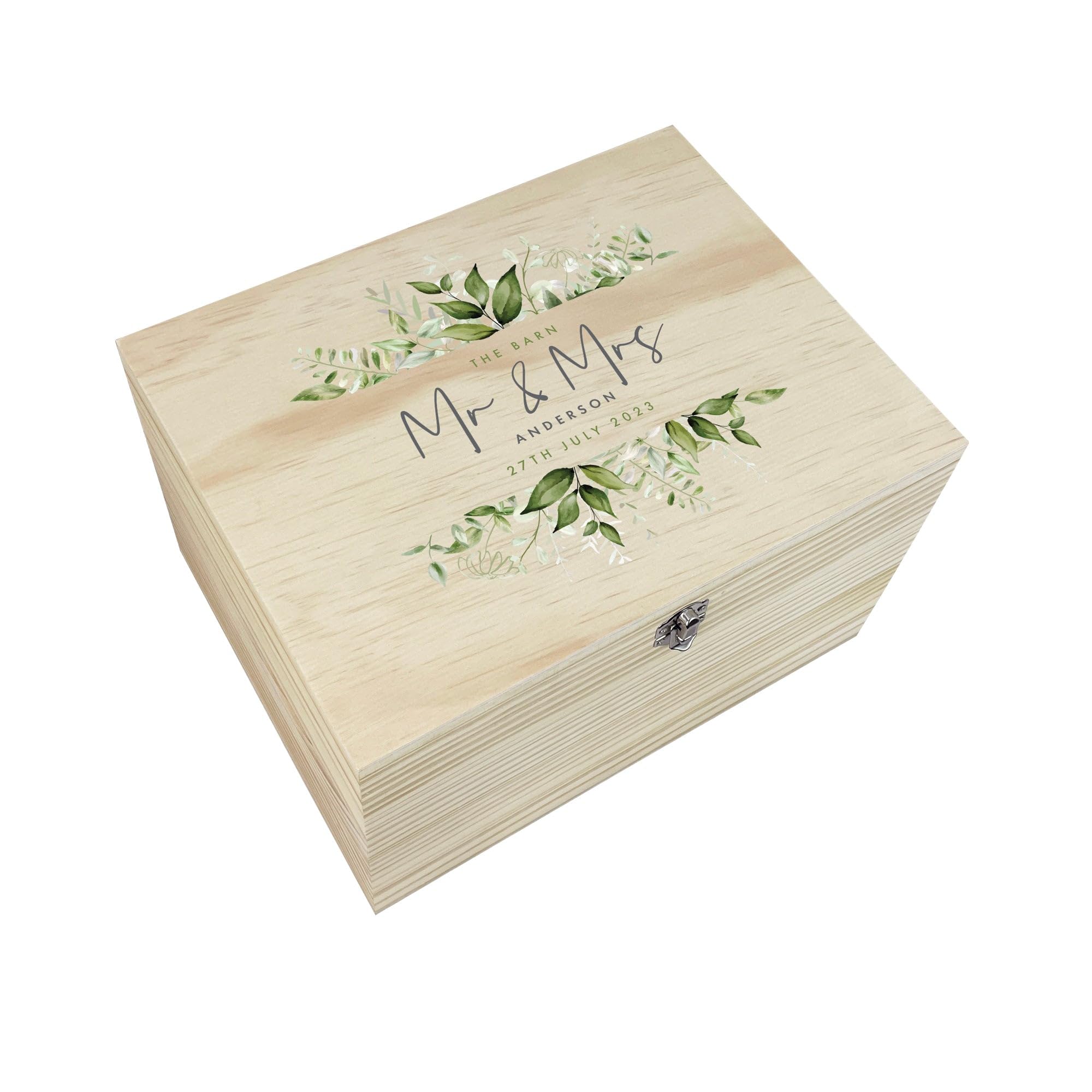 Personalised Wooden Botanical Keepsake Memory Box | Custom Wedding Gift | Personalised Venue, Names, Surname & Date | Perfect Wedding Day Gift | Green Foliage Design | W30 x D23 x H18cm