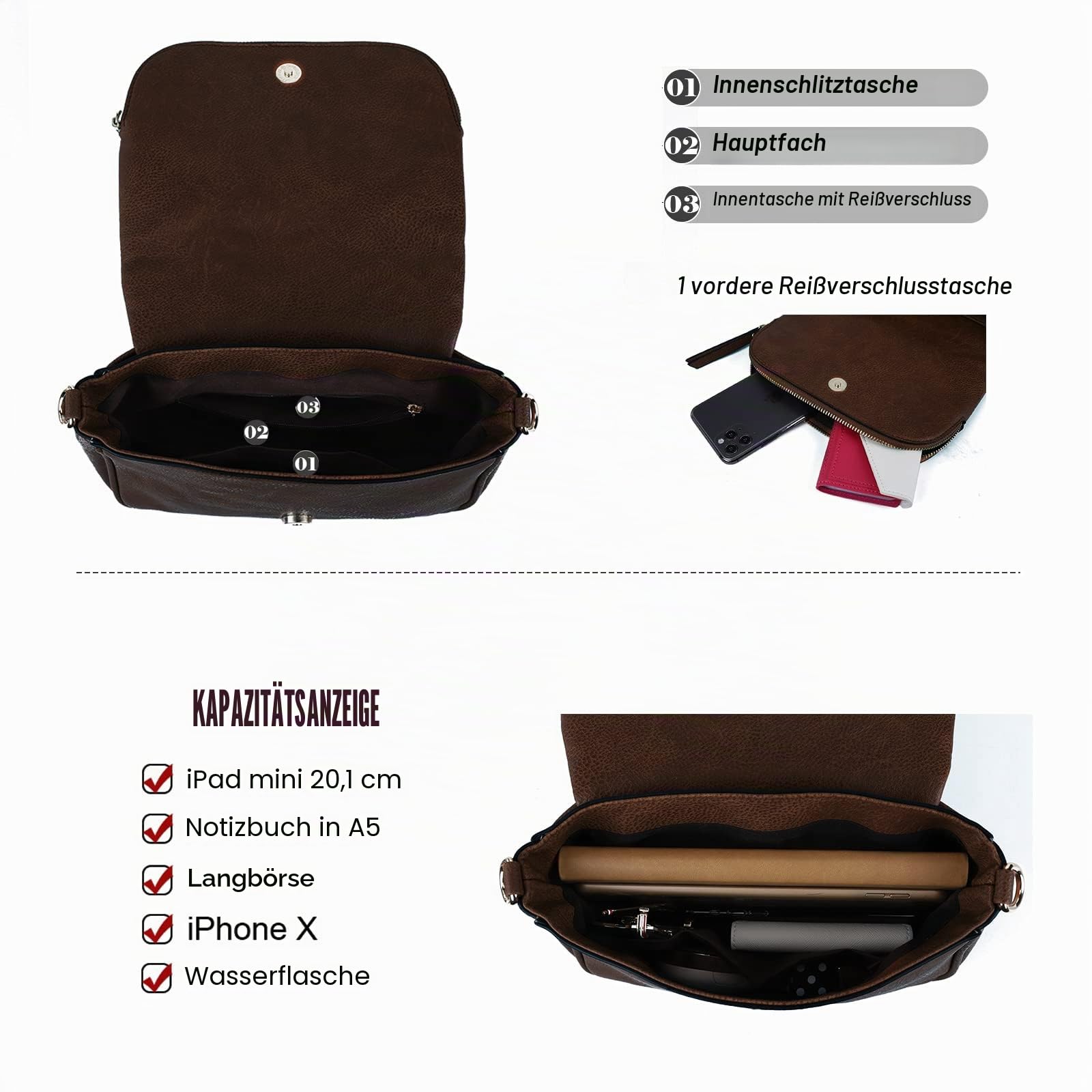 Umhängetaschen für Damen, kleine Umhängetasche aus PU-Leder, mit Überschlag und mehreren Taschen, Kaffee, Small