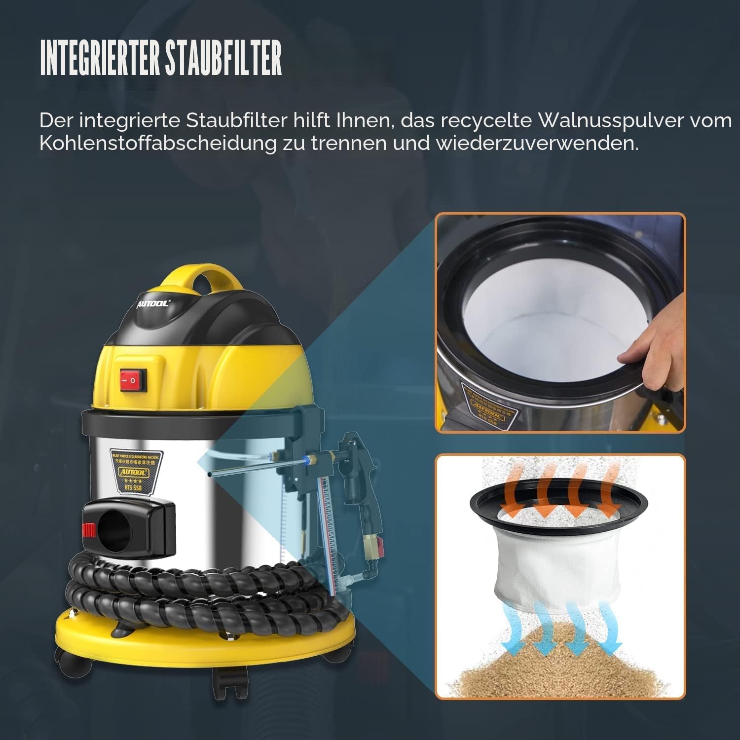 AUTOOL Walnuss Strahlgerät, Mobiles Sandstrahlgerät Automotor Einlassventil Reinigungsmaschin Motorkohlenstoffentferner, 220V Walnussstrahlgerät Kfz mit 2kg Sandstrahl, 23 Adapter