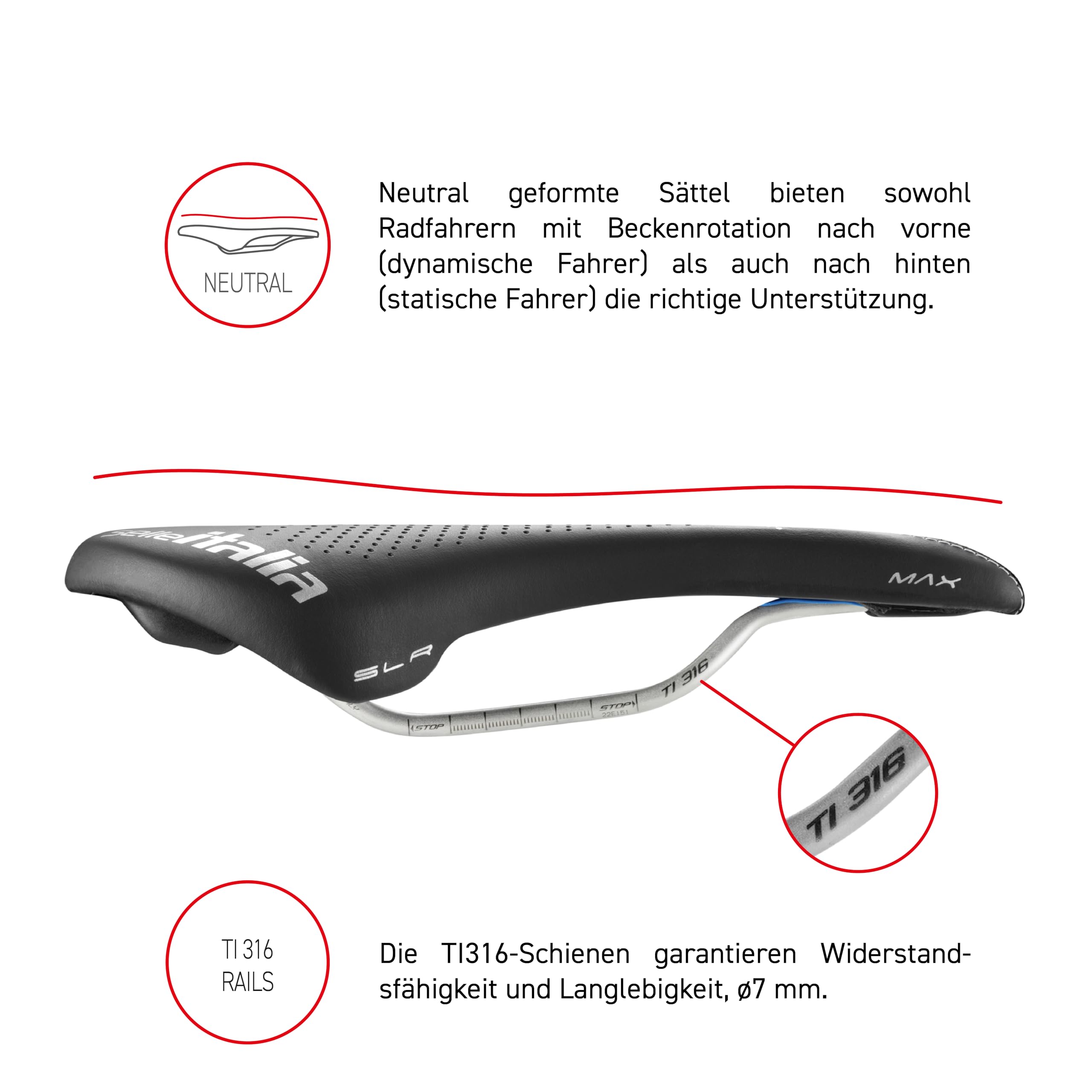 Selle Italia - Max SLR Gel Superflow Road Bike Seat, Rail TI 316 Tube Ø7, Road Saddle Gran Turismo Fiber-tek Comfort Gel, Shock Absorber