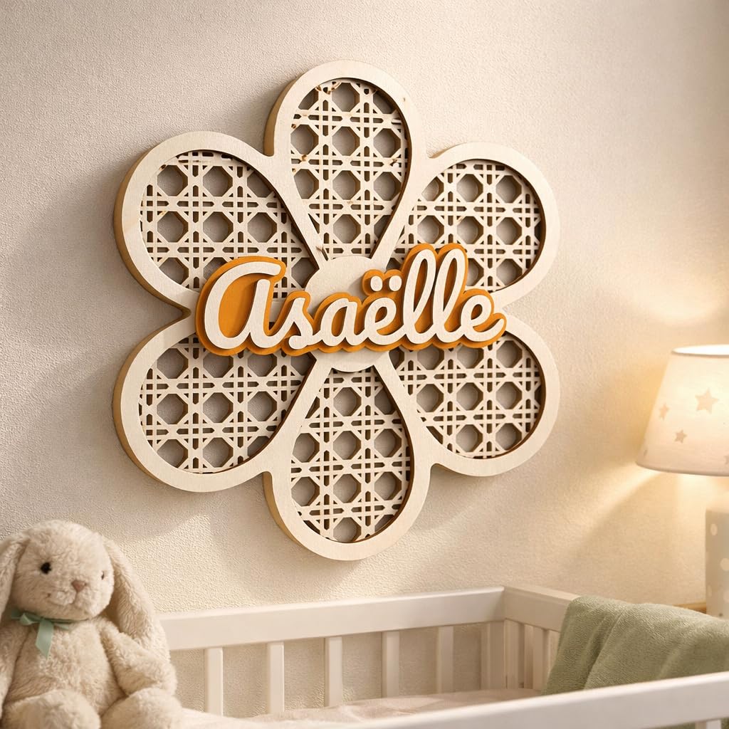Prénom en bois personnalisé – Décoration murale fleur pour chambre bébé/enfant – Découpe laser, effet relief – 11 à 25 cm – Cadeau naissance – Made In France