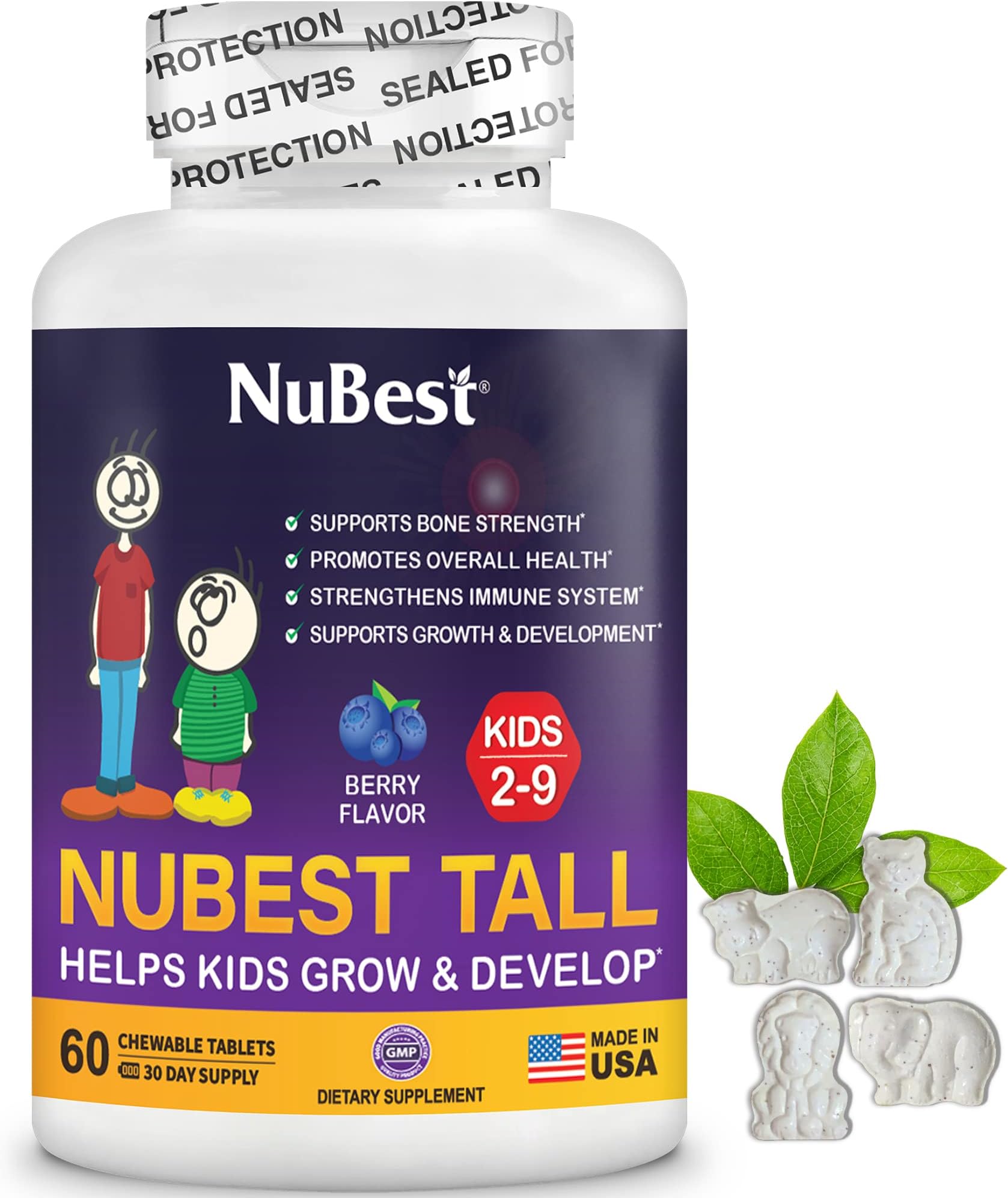 NuBestTall Kids - Support Bone Strength, Immunity, and Development for Kids Ages 2 to 9-60 Chewable Berry Tablets with Fun Animal Shapes (1 Pack)