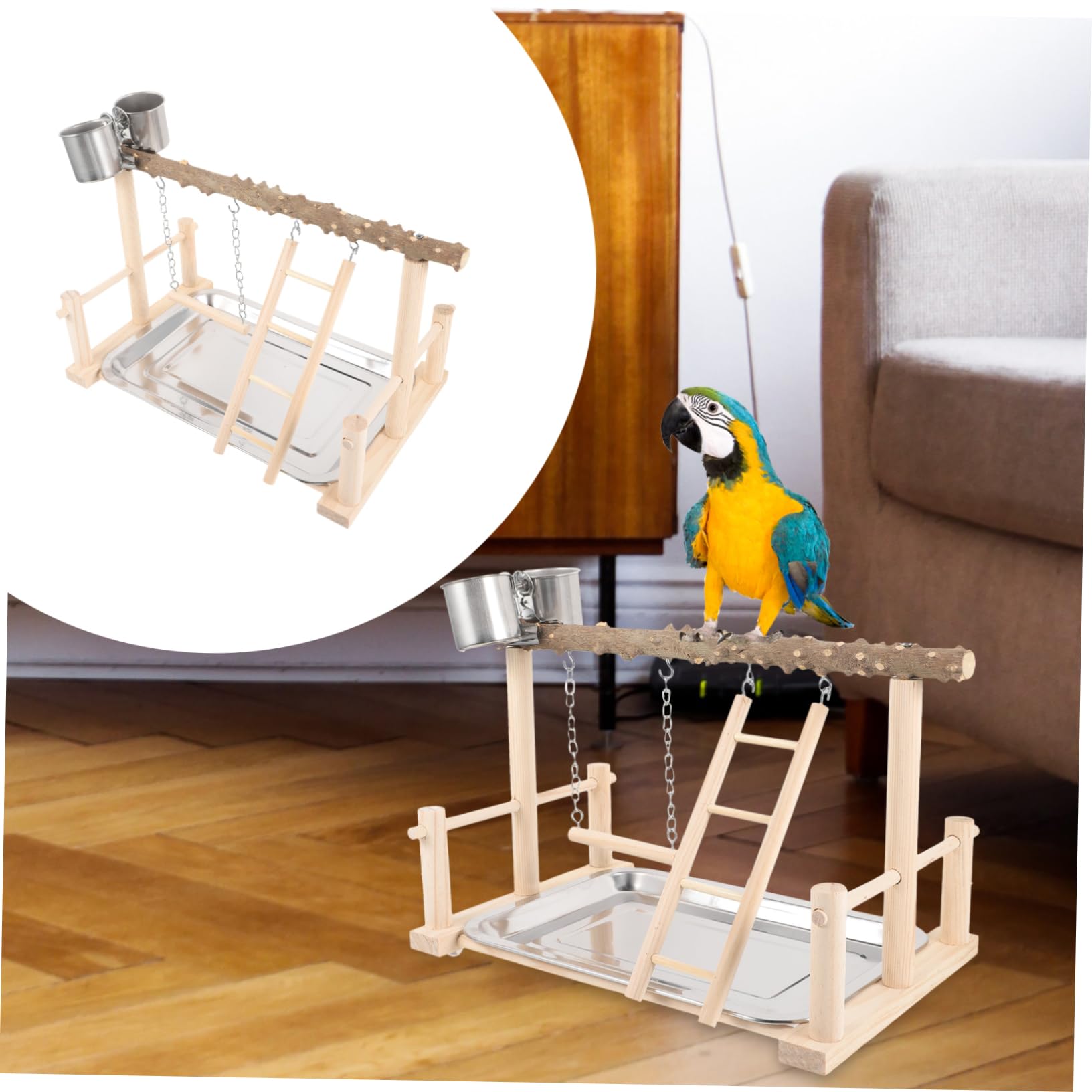 Housoutil de Madera para Pájaros Percha Natural y Comedero Doble, Estación de Entrenamiento para Aves Que Fomenta Ejercicio y Mejora Coordinación