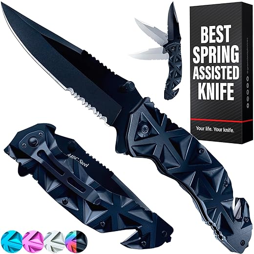 Black Pocket Knife - Serrated Sharp 3,5" Blade Folding Knives - Spring Assisted EDC Tactical Hunting Camping Knofe with Wire Cutter Glass Breaker and Pocket Clip for Men Women - Best Gift Idea HB 207