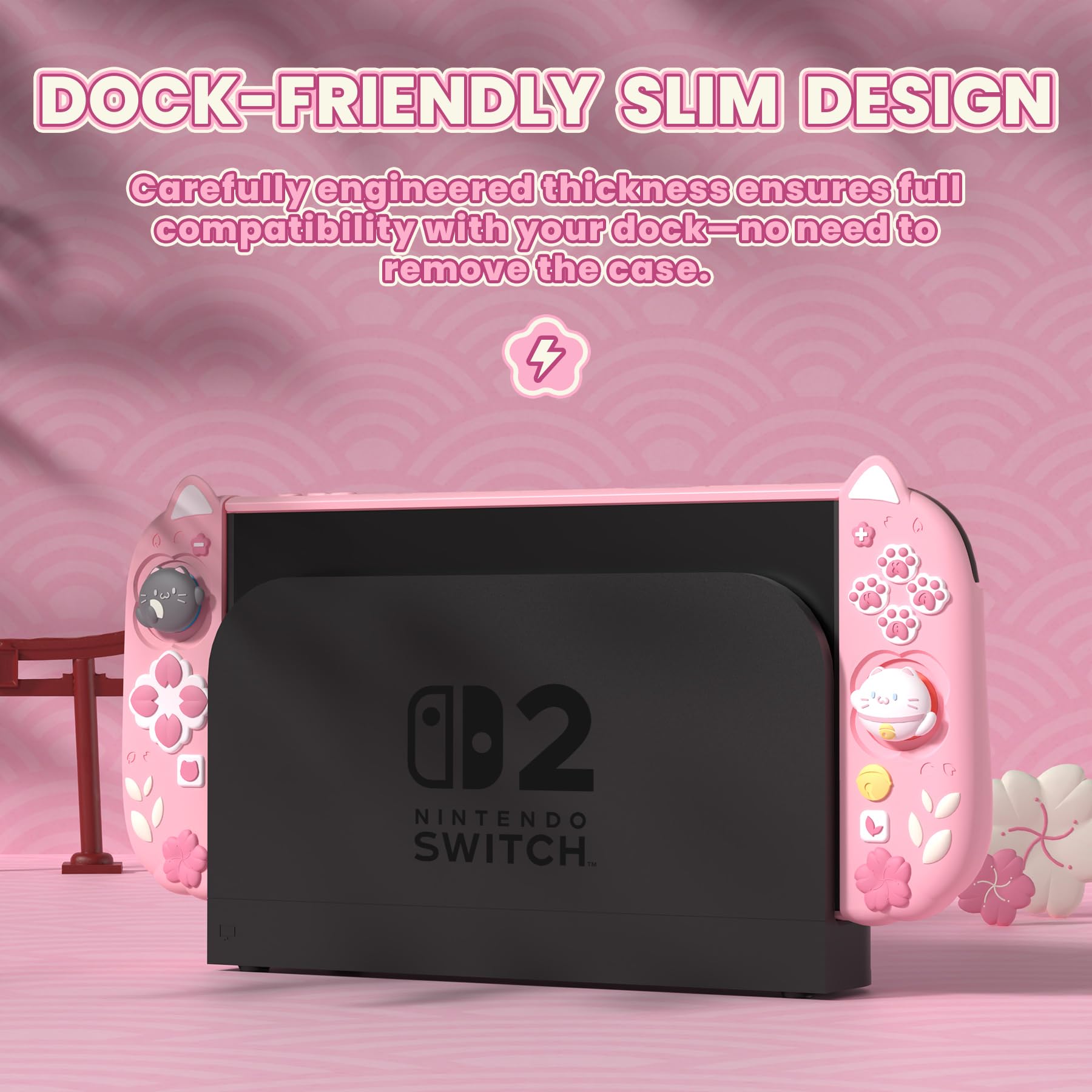 PlayVital Cherry Blossoms Kitten Protective Case for Nintendo Switch 2 with Stand | Cute Cat Ear & Paw Silicone Grips, Dockable Hard Shell, 2 Joystick Caps | Full-Body Protection Cover - Pink - 2