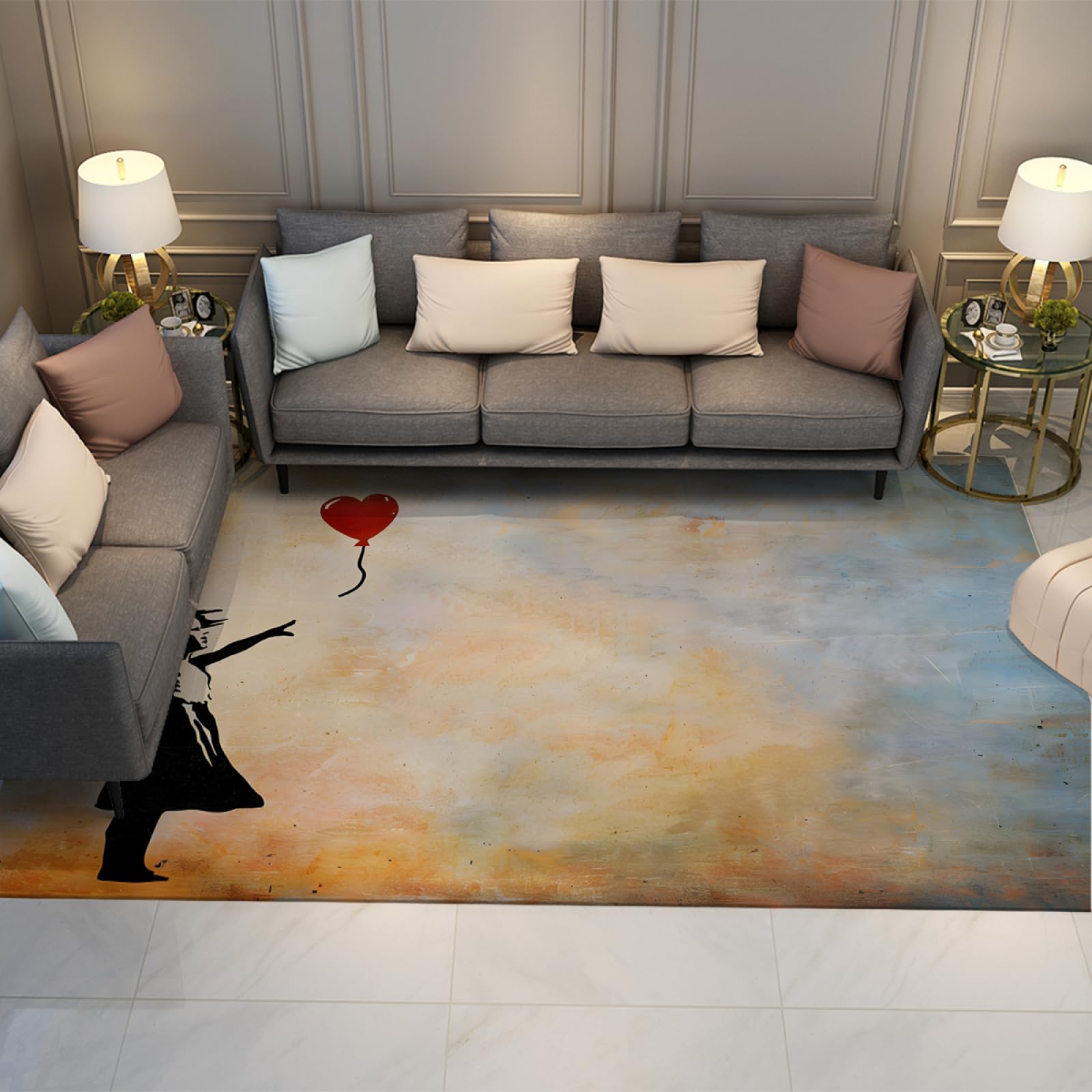Tapis street art fille au ballon de 120x170cm pour décorer un salon urbain chic