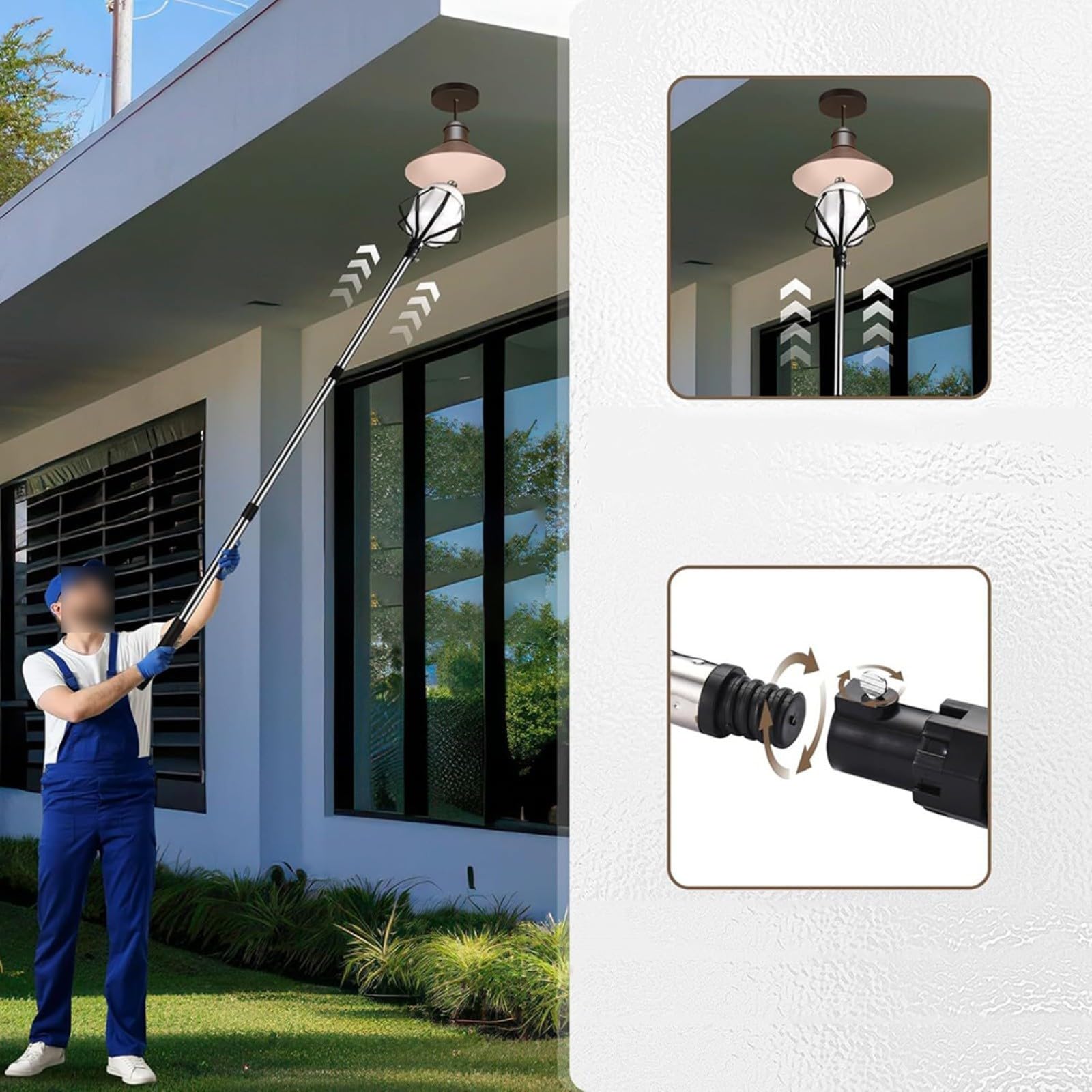 Strumento per cambiare lampadina con 3 teste, asta estensibile in acciaio inossidabile per soffitti alti, kit di rimozione della lampada per interni ed esterni, regolabile 150-360 cm (asta a