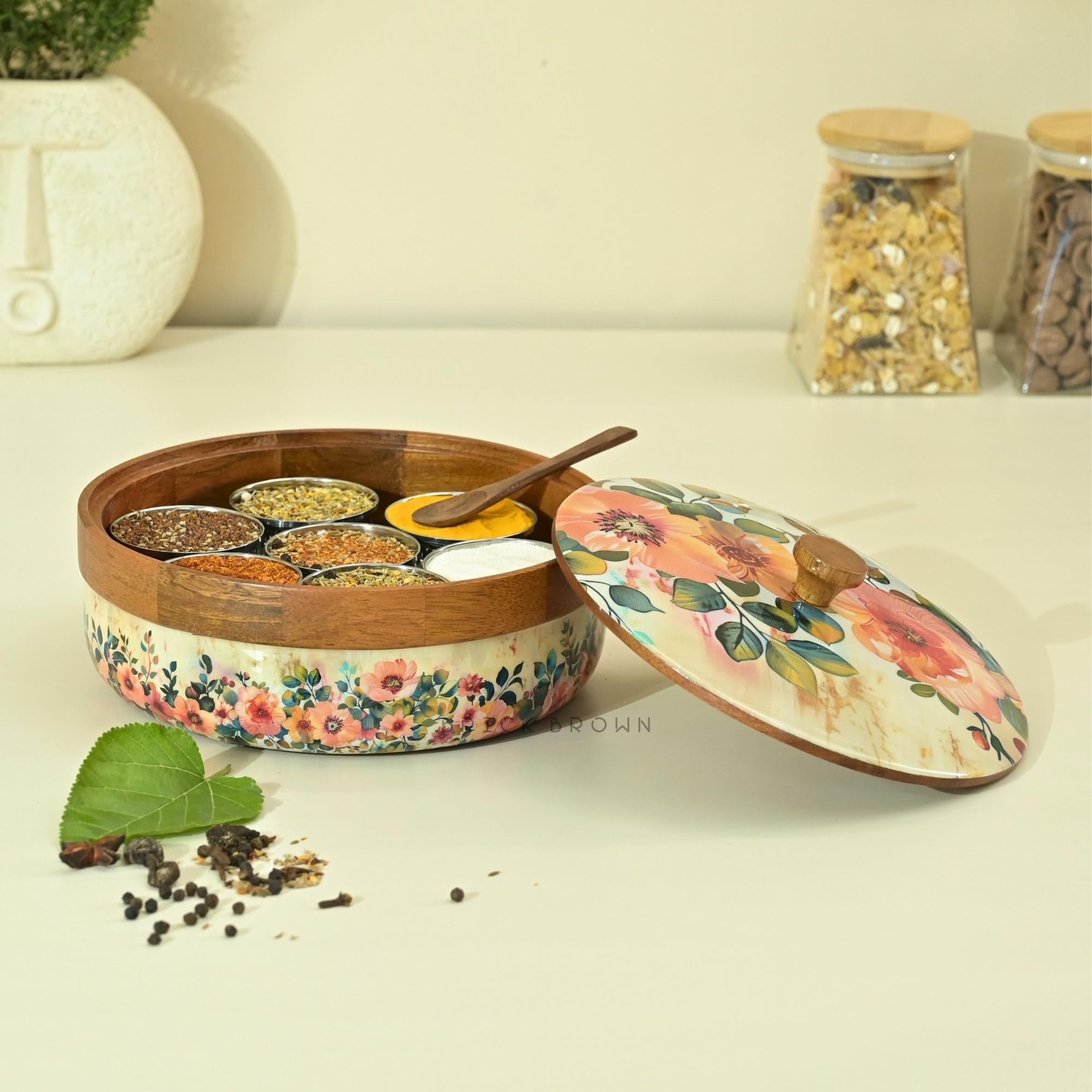 Brick Brown ® Wooden Pastel Flora Enamel Coated Masala Box for Kitchen | Spice Box | Spice Jars | Spice Rack & Masala Dani Organizer Storage Box with 7 Containers and 1 wooden spoon (8.3x4.2 inch)