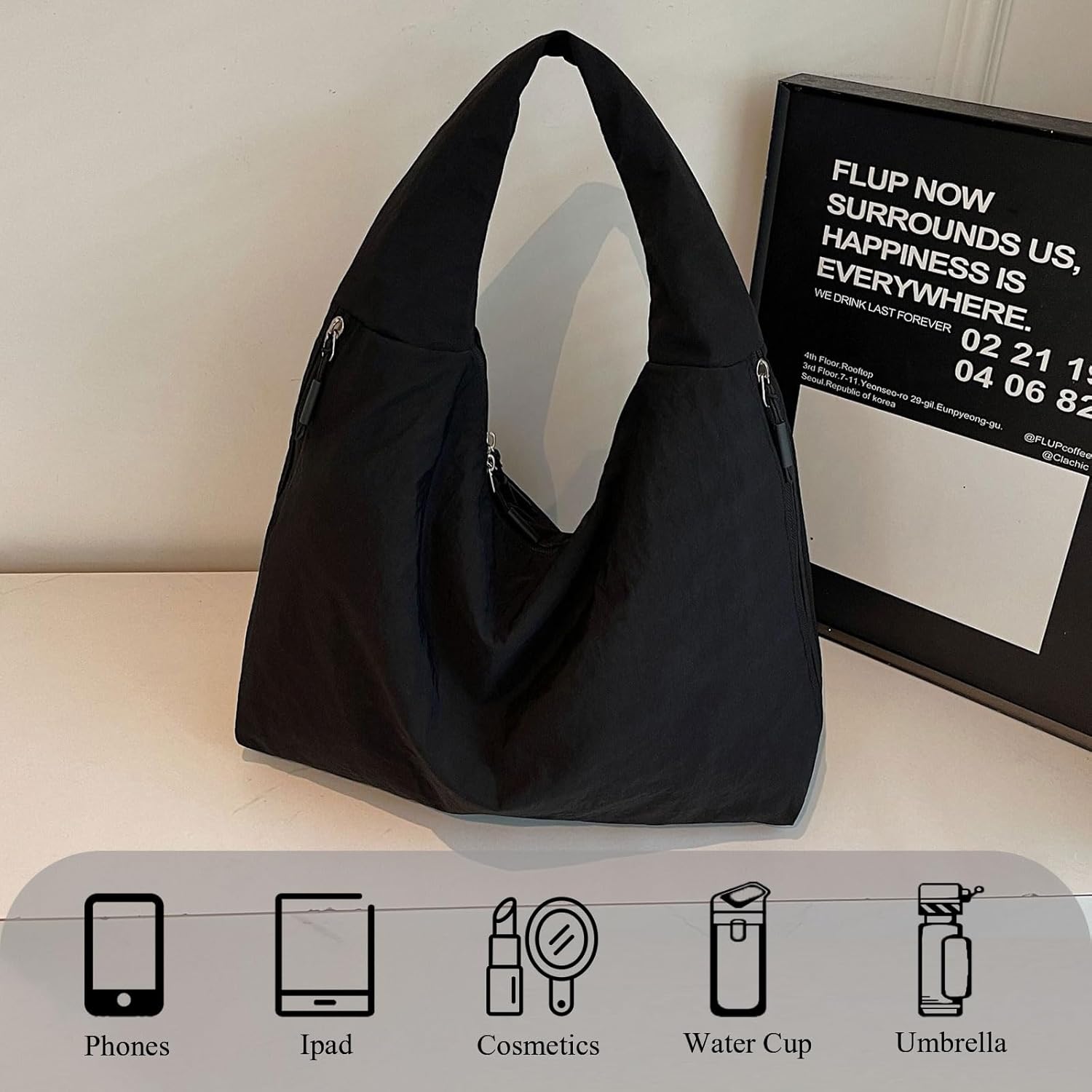 Slouchy Tote Bag for Women Large Nylon Hobo Bag Solid Color Draped Shoulder Bags for Travel Vacation - Image 4