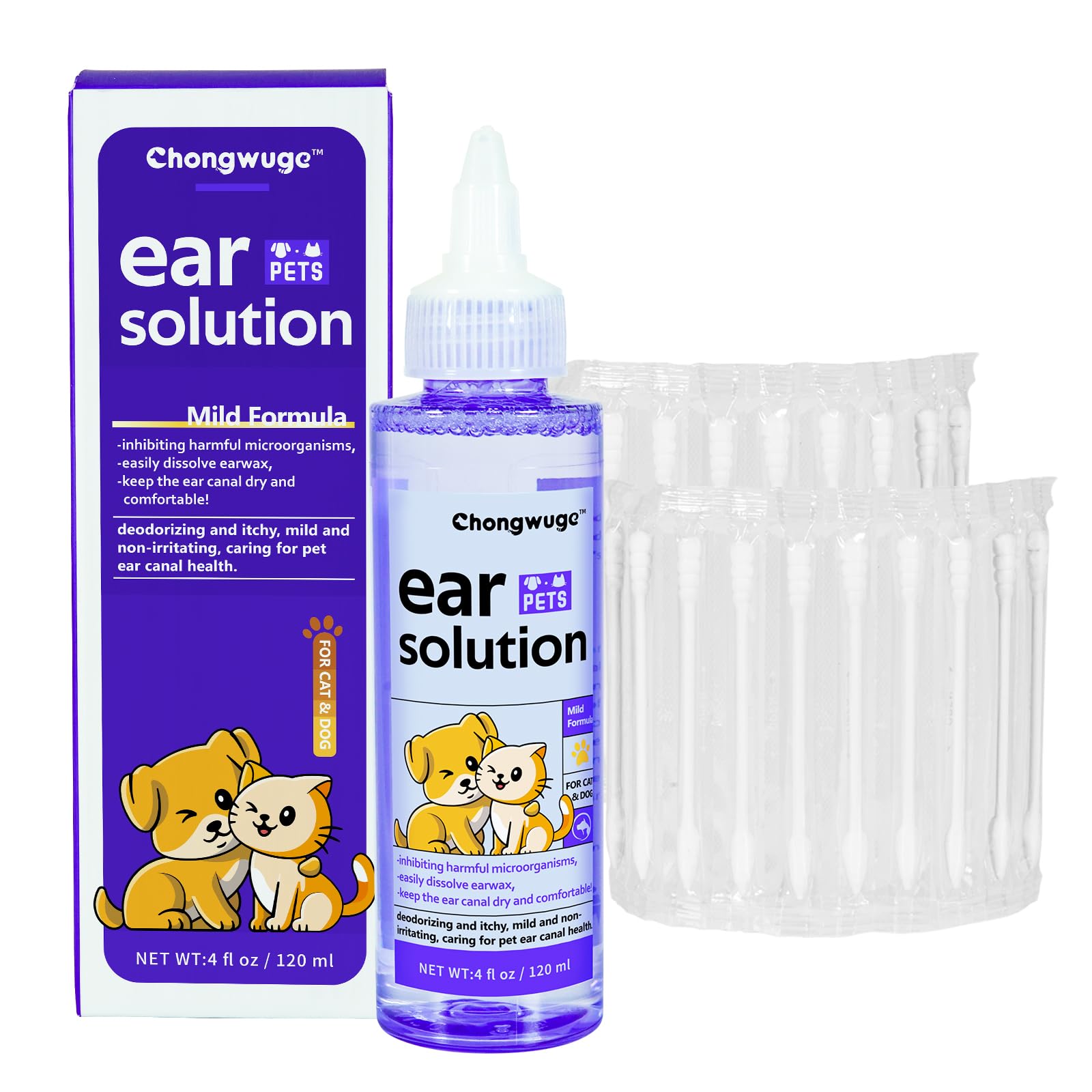 Pets Ear Cleaner for Dogs &amp; Cats, Alleviate Infections, Deodorizing and Itchy, Clean Wax, Mild and Non-irritating, Care for Pet, with 20 Cotton Swabs, 4 fl oz