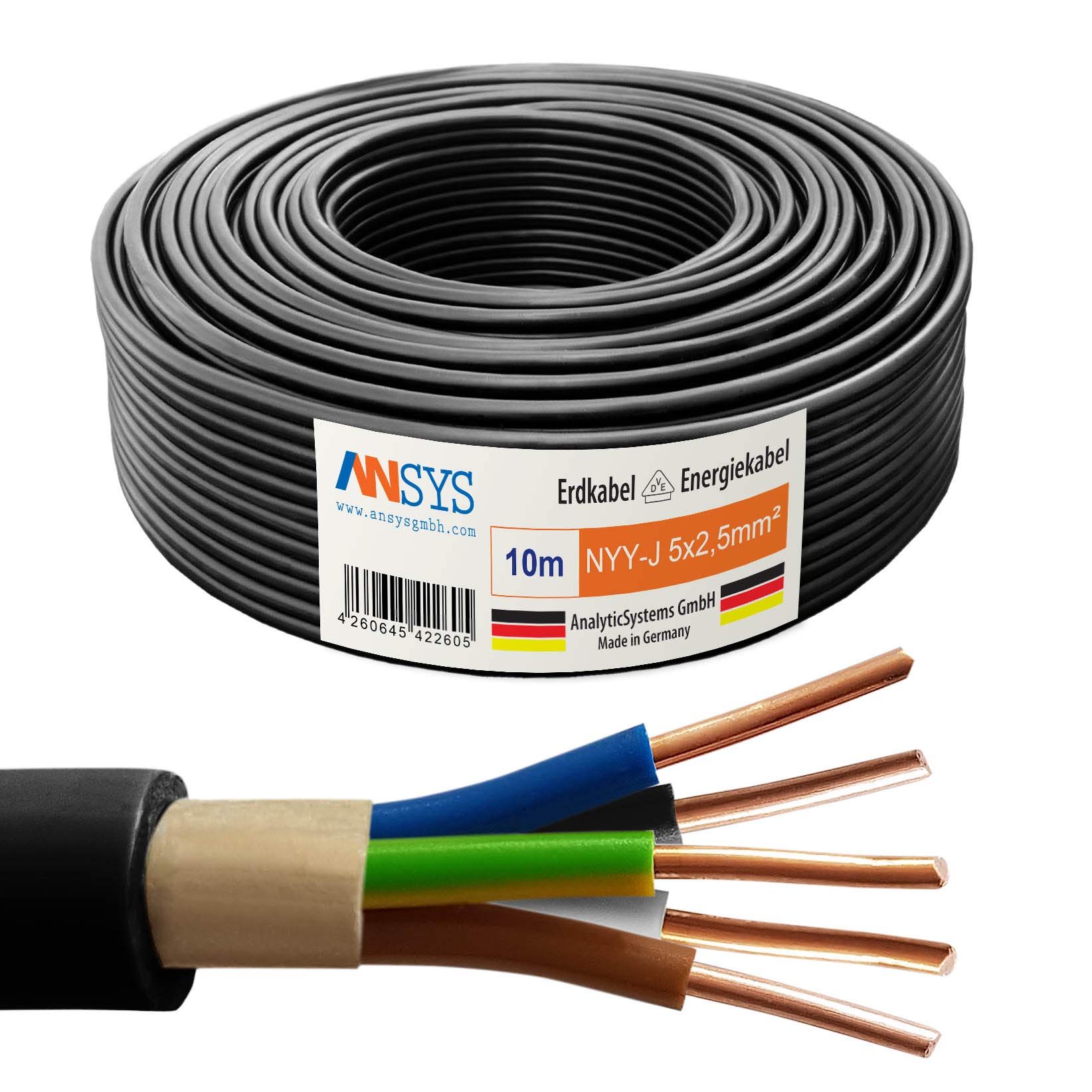 10m NYY-J 5x2,5 mm² Erdkabel Elektrokabel Beton und Freien Kupfer Made in Germany