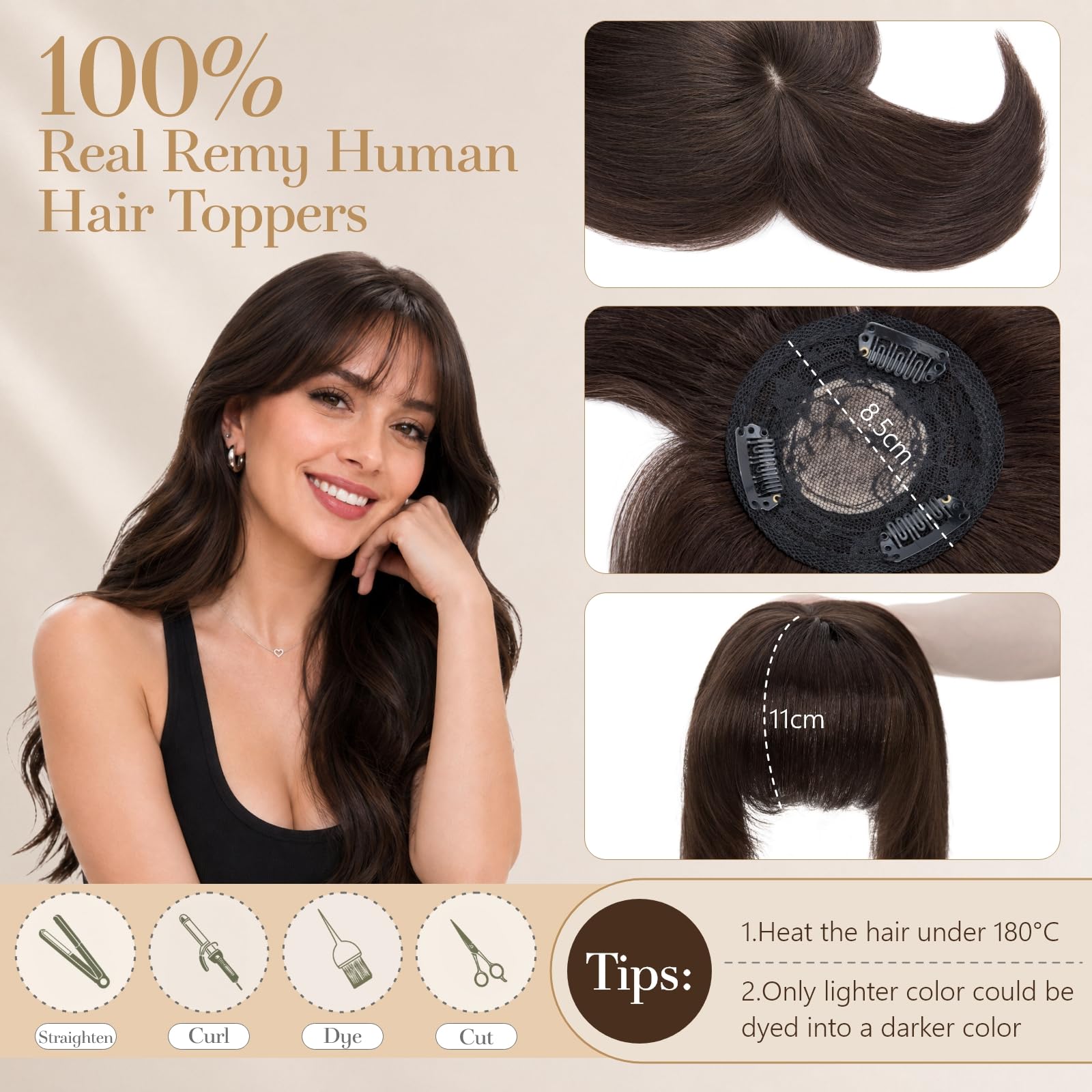 Rich Choices Pony Haarteile Echthaar für Damen Remy Human Hair Topper Echthaar 360°3D‑Abdeckung Haartopper Natürlicher Haarwirbel Oberkopf Clip in Haarteile mit Pony 25cm #2 Dunkelbraun