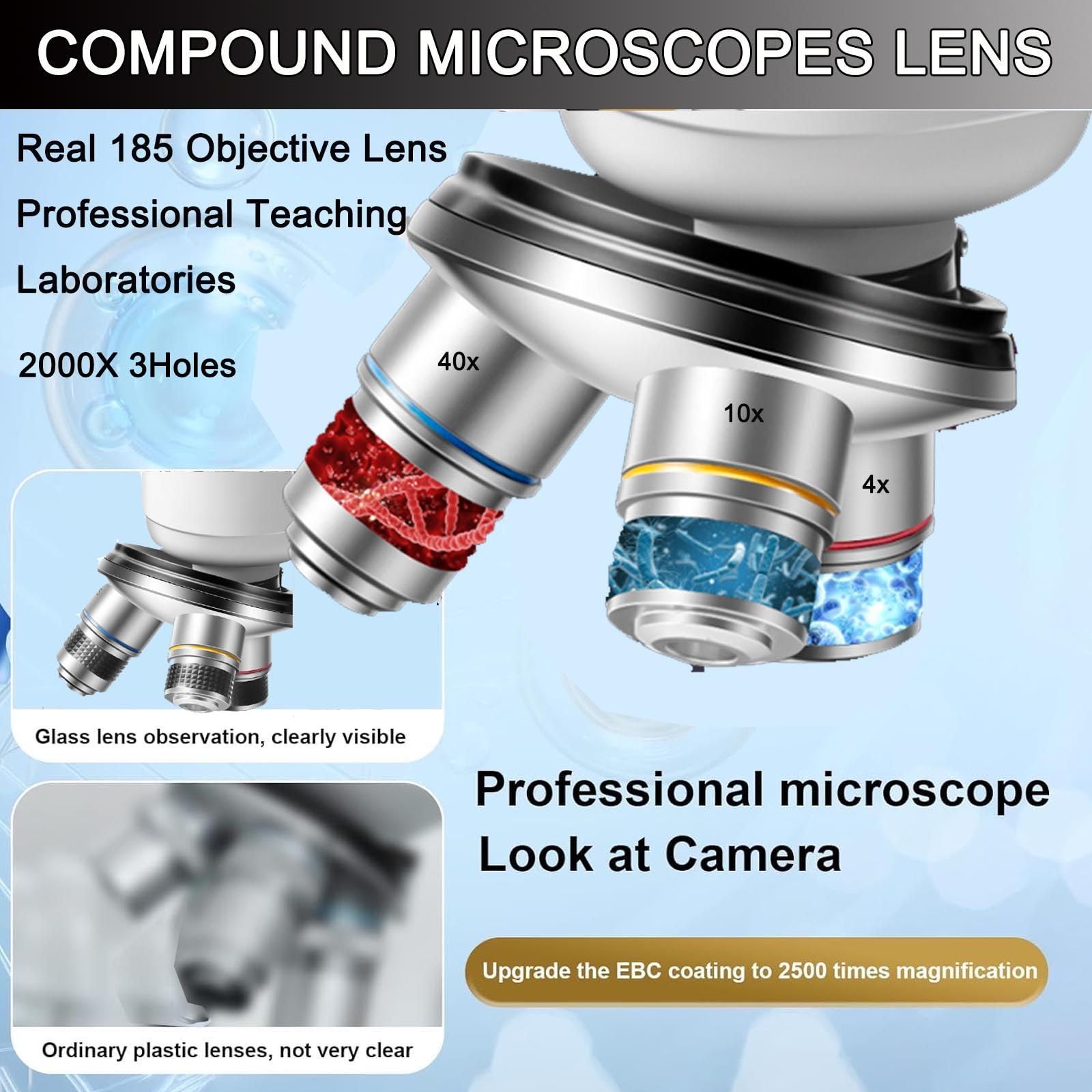 Microscopio Binocular 40x-2000/5000x, Luces Led Duales Superior E Inferior/Enfoque Grueso Y Fino/RotacióN 360°/Campo Amplio,Con Ocular ElectróNico +Soporte TeléFono+Bolsa Almacenamiento,2000x