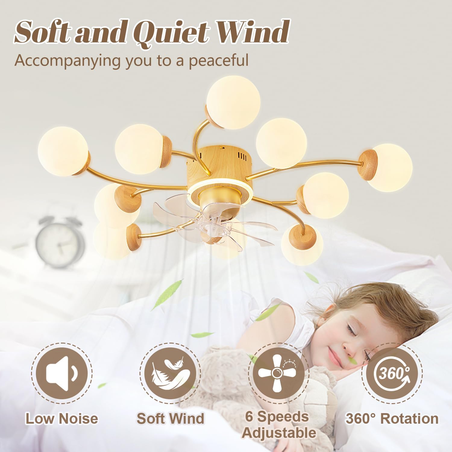 Flush Mount Ceiling Fan with Lights Farmhouse Ceiling Fan Chandelier 10-Light Modern Globe Glass Fandelier 360° Rotating Ceiling Fan with Lights and Remote 6 Wind Speeds, Natural Wood