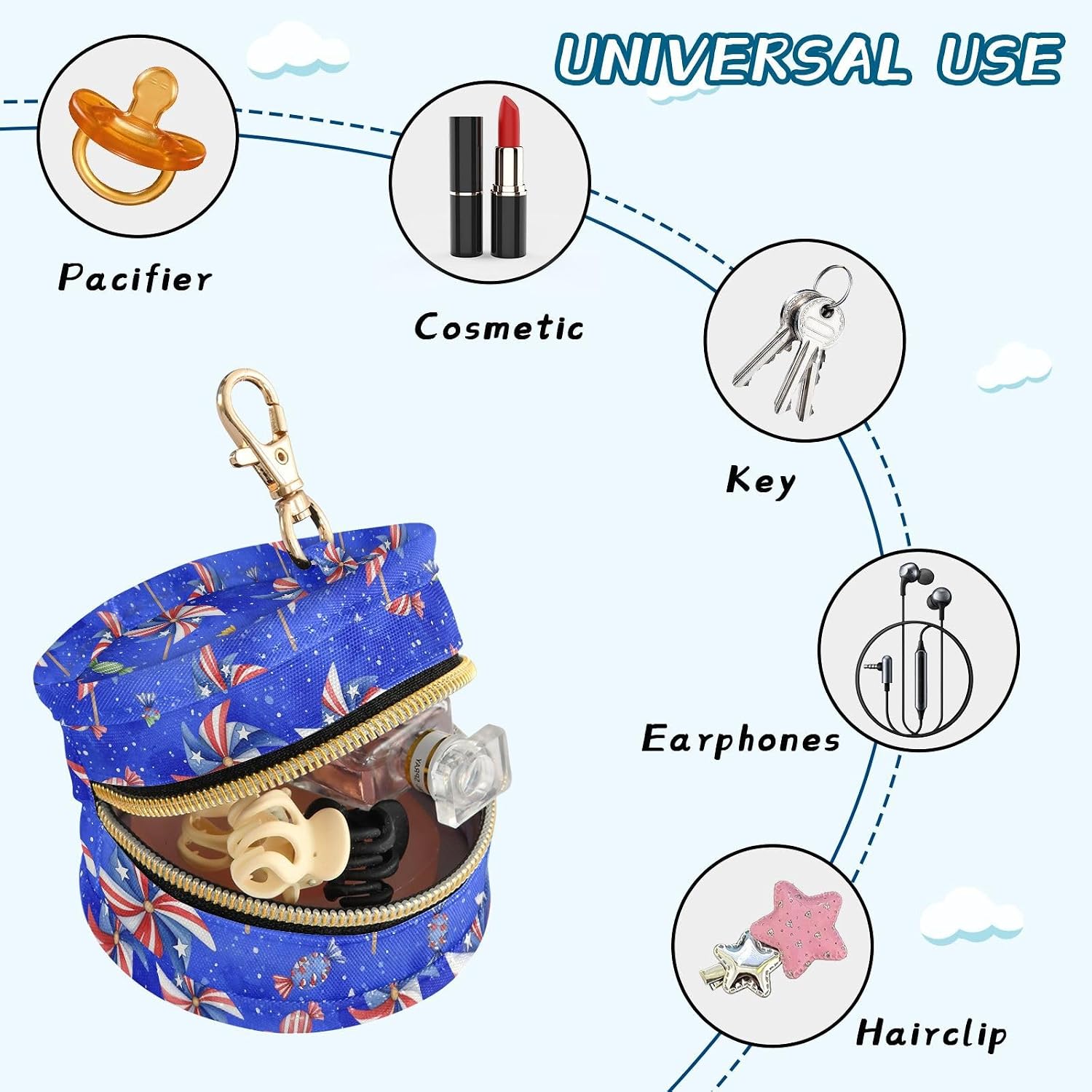 Pinwheels Candies Stars Blue Baby Pacifier Holder Case with Clip Portable Pacifier Storage Organizer Round Container Pouch Box Fits Diaper Bag Stroller Purse image 5