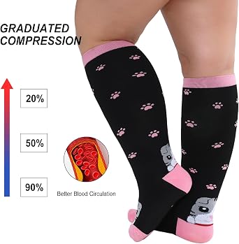PUTUO Wide Calf Compression Socks: Plus Size Compression Socks for Women with Cat Pattern Medical Compression Stockings for Men for Support Flight Varicose Pregnancy 20-30 mmHg 1 Pair