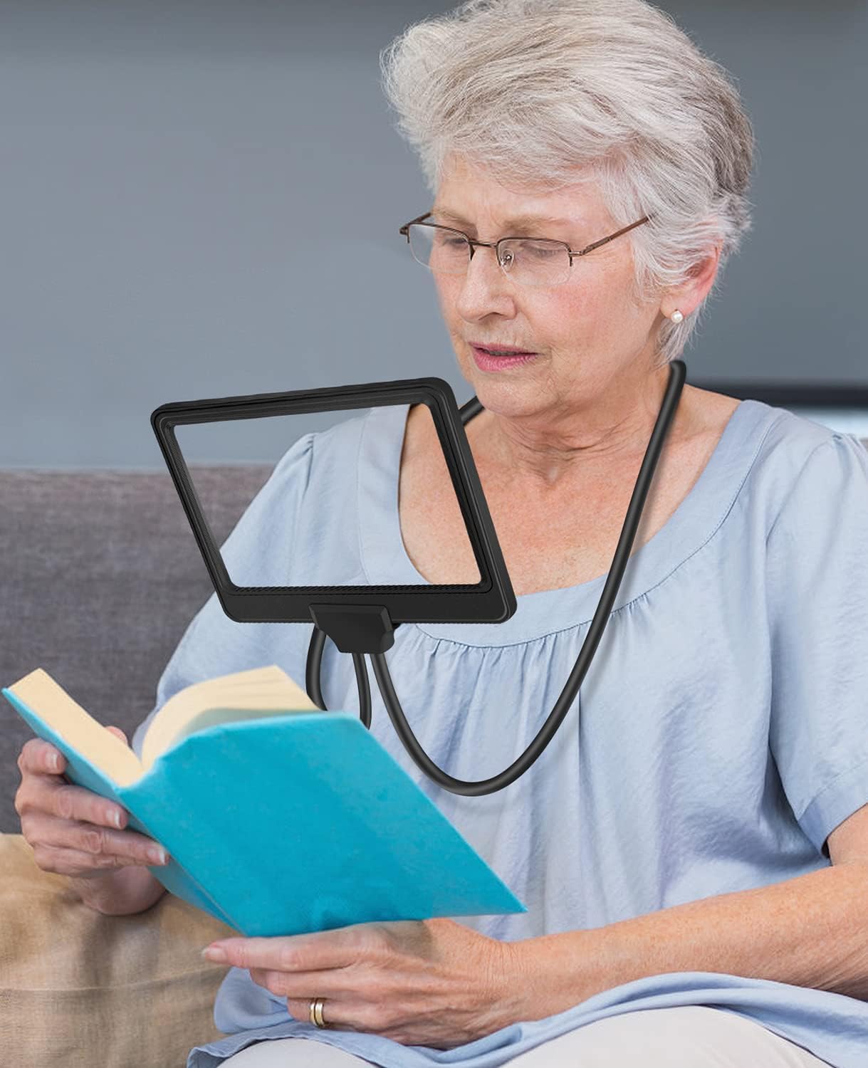 NZQXJXZ 5X Hands Free Magnifying Glass for Reading, Flexible Gooseneck Full-Page Magnifying, 8"x5"Large Page Magnifier for Small Prints & Low Vision Seniors with Aging Eyes