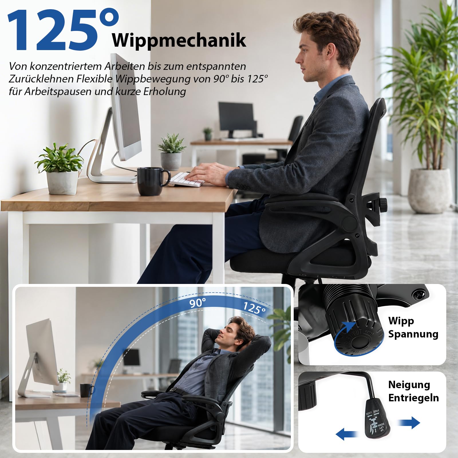 Milacyee Bürostuhl Ergonomisch, Schreibtischstuhl mit Verstellbarer 4D Lendenwirbelstütze, Drehstuhl mit klappbaren Armlehnen, Computerstuhl mit 90°-125° Wippfunktion, Netzstuhl bis 130 kg (Schwarz)