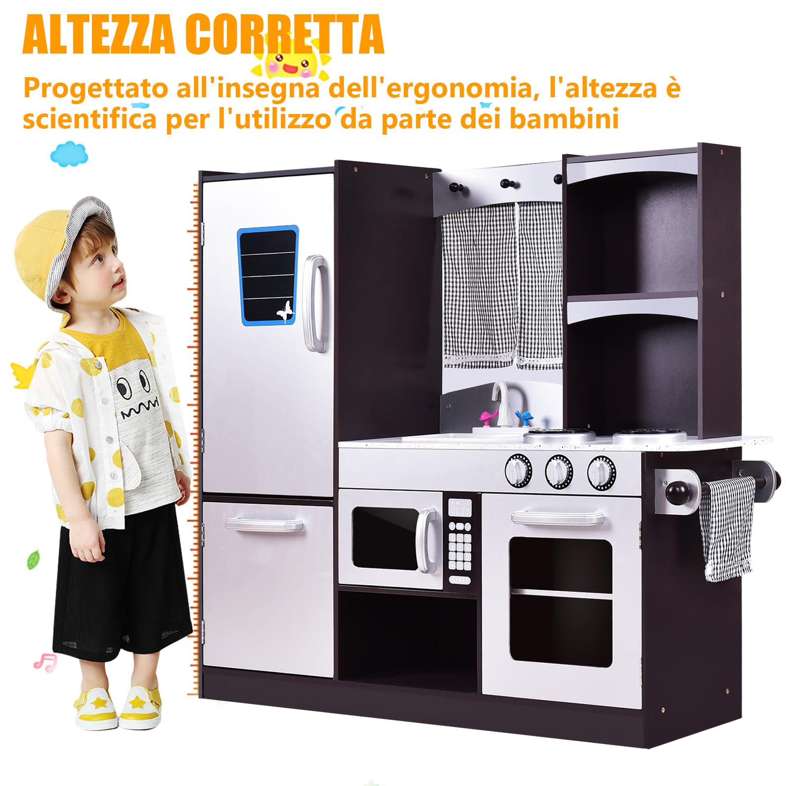 RELAX4LIFE Cucina Giocattolo in Legno per Bambini, Mini Cucina con Forno, Microonde e Frigorifero, Accessori Realistici, Natale/Compleanno/Feste