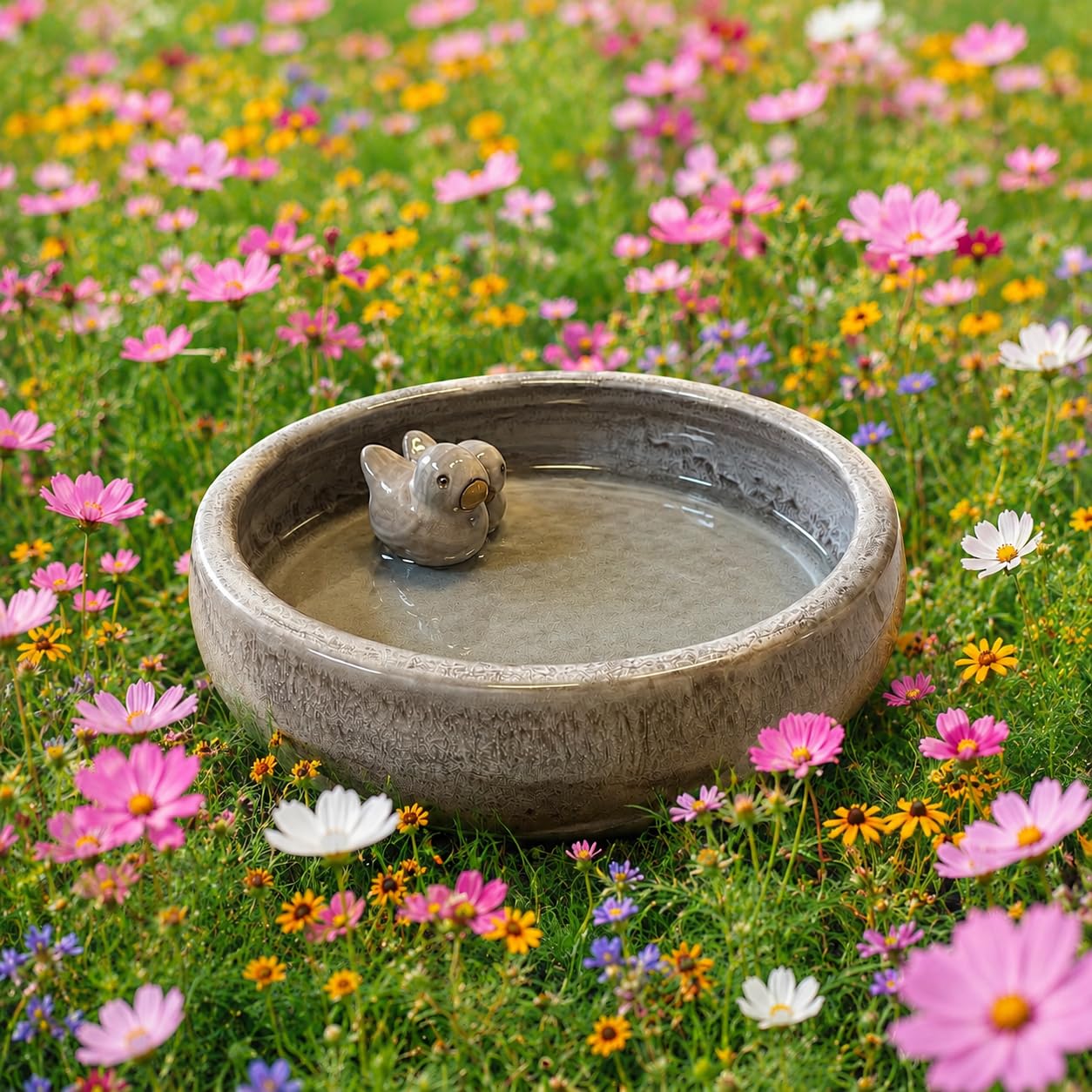 Glasierte Vogeltränke 35 cm aus Keramik – hochgebrannte Gartenschale für Vögel, Vogelbad & Wasserschale, hochwertige Vogeltränke in Grün oder Cappuccino, 8 cm hoch (grau)