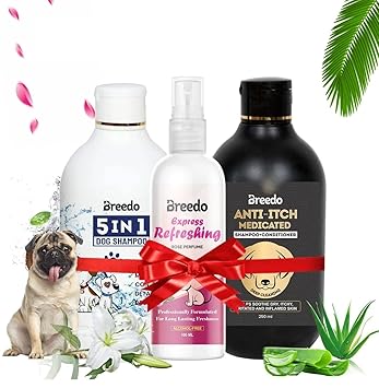 Breedo (Combo of 3) Dog 5 in 1 Shampoo + Anti-Itch Shampoo(500 ml)+ 100 ml Rose Dog Body Deodorizer Spray Natural Itch Relief Dog Shampoo for Labrador, German Shepherd, Golden Retriever