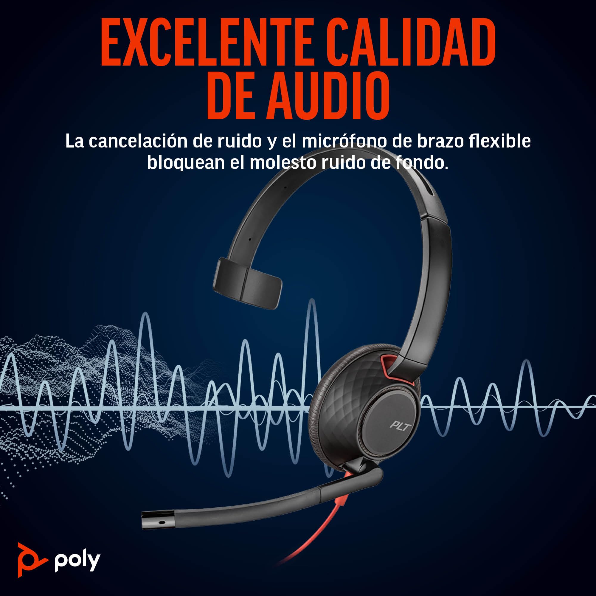 Auricular Poly Blackwire 5210 con cable (Plantronics), Micrófono de brazo flexible con cancelación de ruido, Diseño monoaural, Conexión a PC o teléfono móvil mediante USB-C, USB-A o conector de 3,5 mm