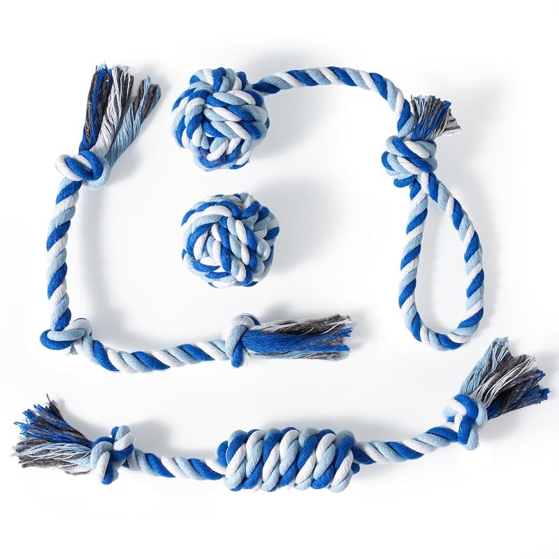 Brinquedo de corda para cães em algodão com nós, interativo, wodoca, Blue, pacote com 4