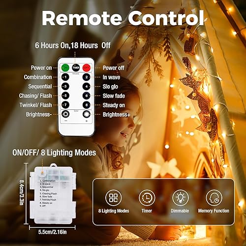 Miniatura 2 de Paquete de 6 tiras de 100 luces LED de 33 pies, funciona con pilas con control remoto y temporizador, guirnalda de luces de batería impermeable